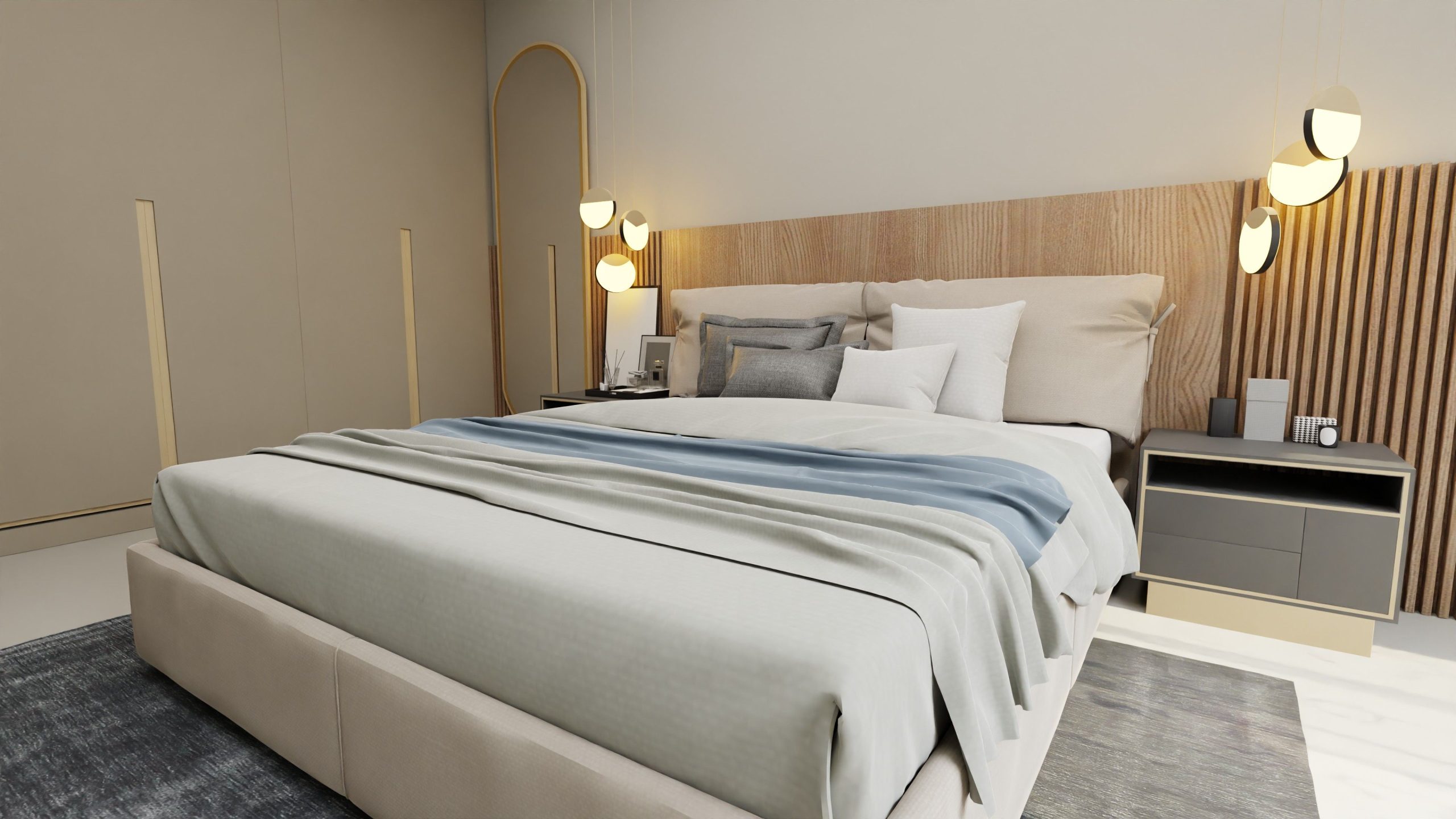 A cozy and stylish Scandinavian bedroom featuring a comfortable bed and elegant decor.