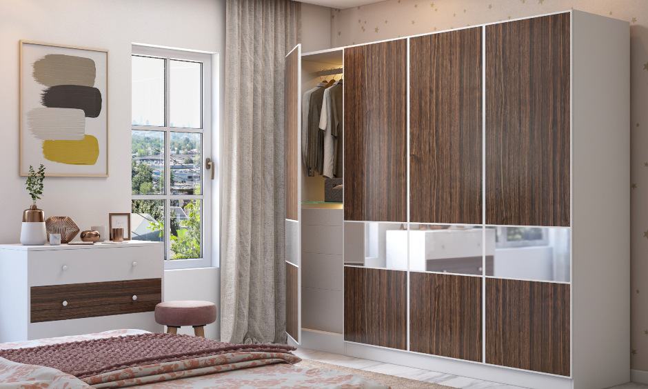 A Simple Wardrobe Design In Dark Wood And White Laminate - DesignCafe