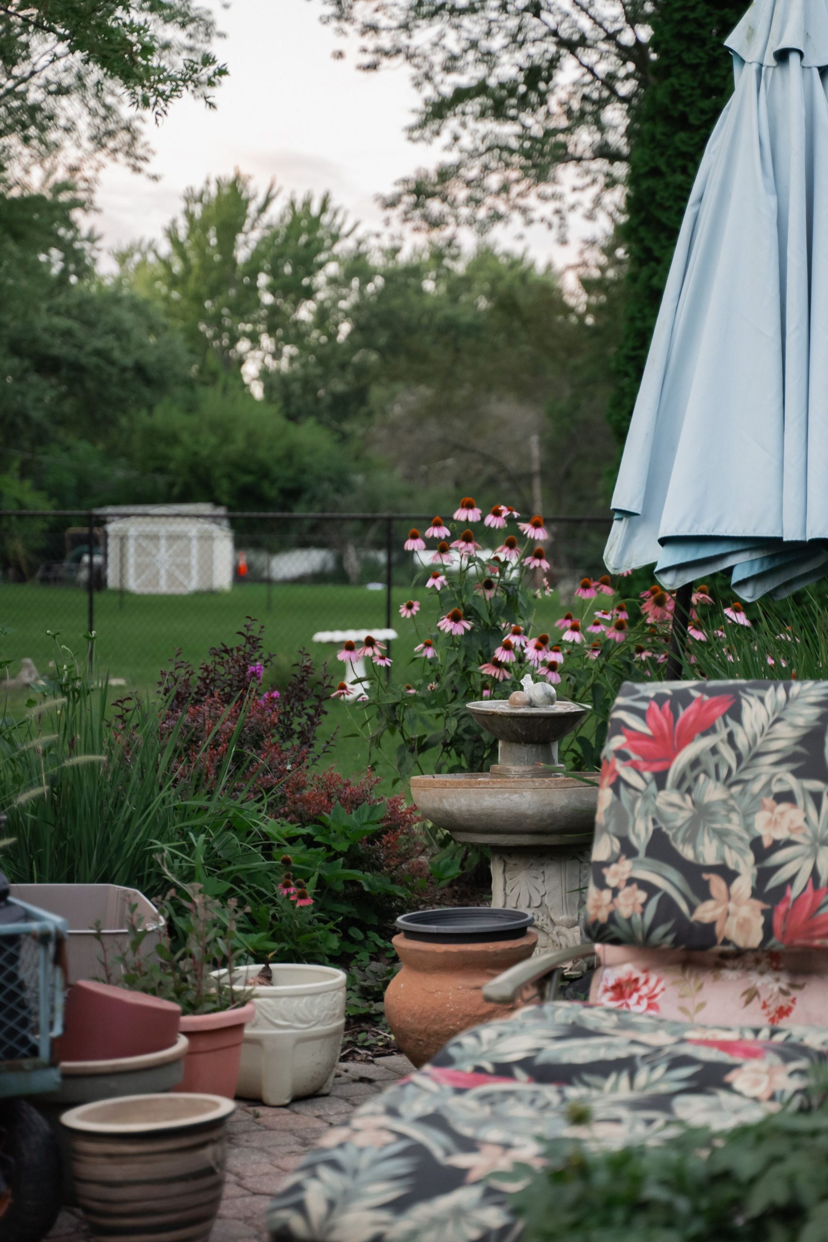 Beautiful backyard patio with flower pots and blooming plants, offering a cozy escape.