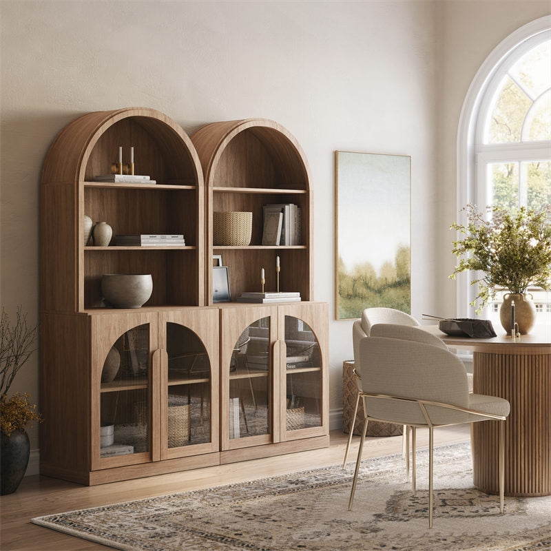 Belleze Set of 2 Camel 71 Inches Tall Arched Bookshelf with Glass Doors one_size | 014-HG-42015-C+1G1D