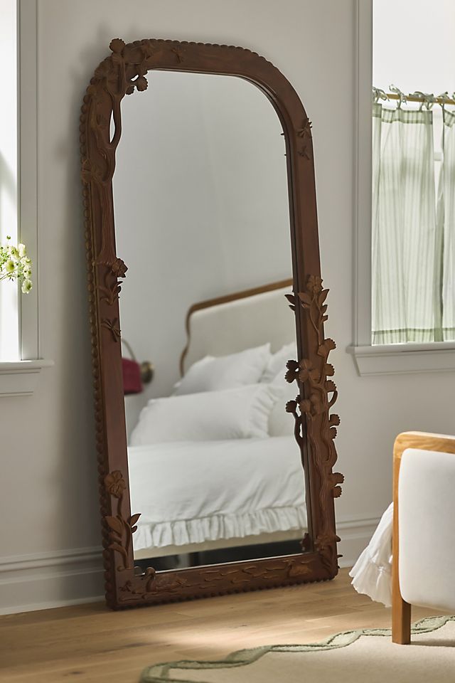 Bernadette Carved Wood Floor Mirror by Anthropologie in Brown