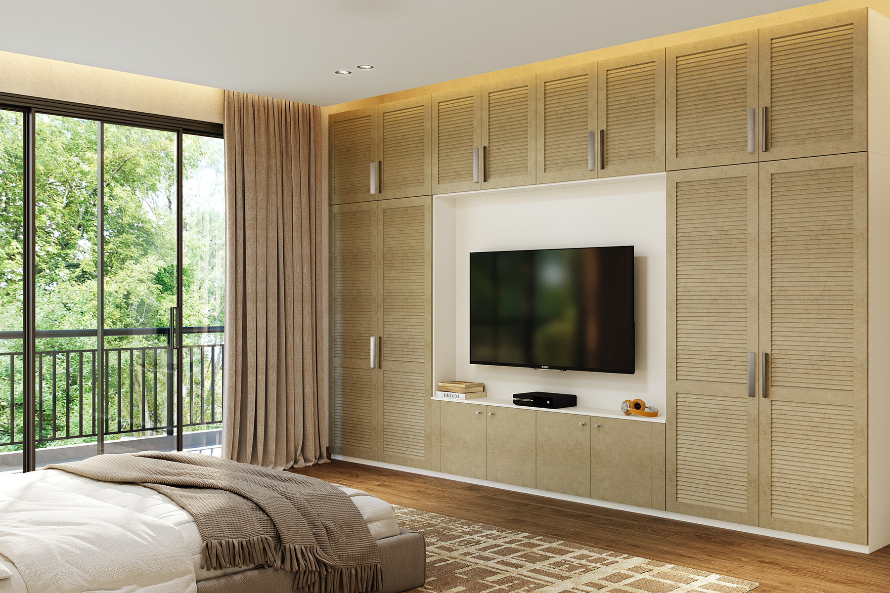 Contemporary 4-Door Beige Swing Wardrobe Design with TV Unit and Louvered Finish | Livspace