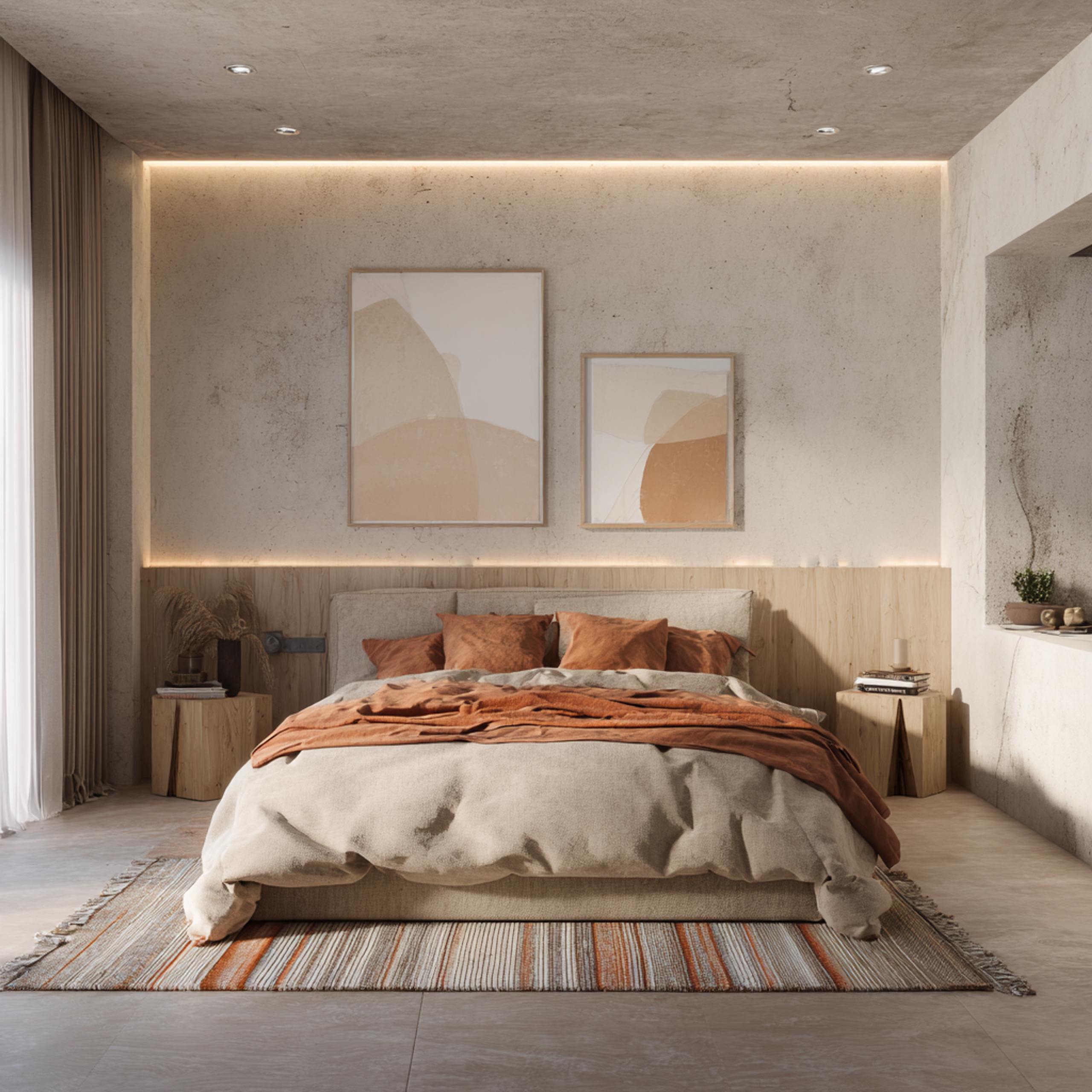 Contemporary Master Bedroom Design with Tall Light Wood Cabinet and King Bed | Livspace