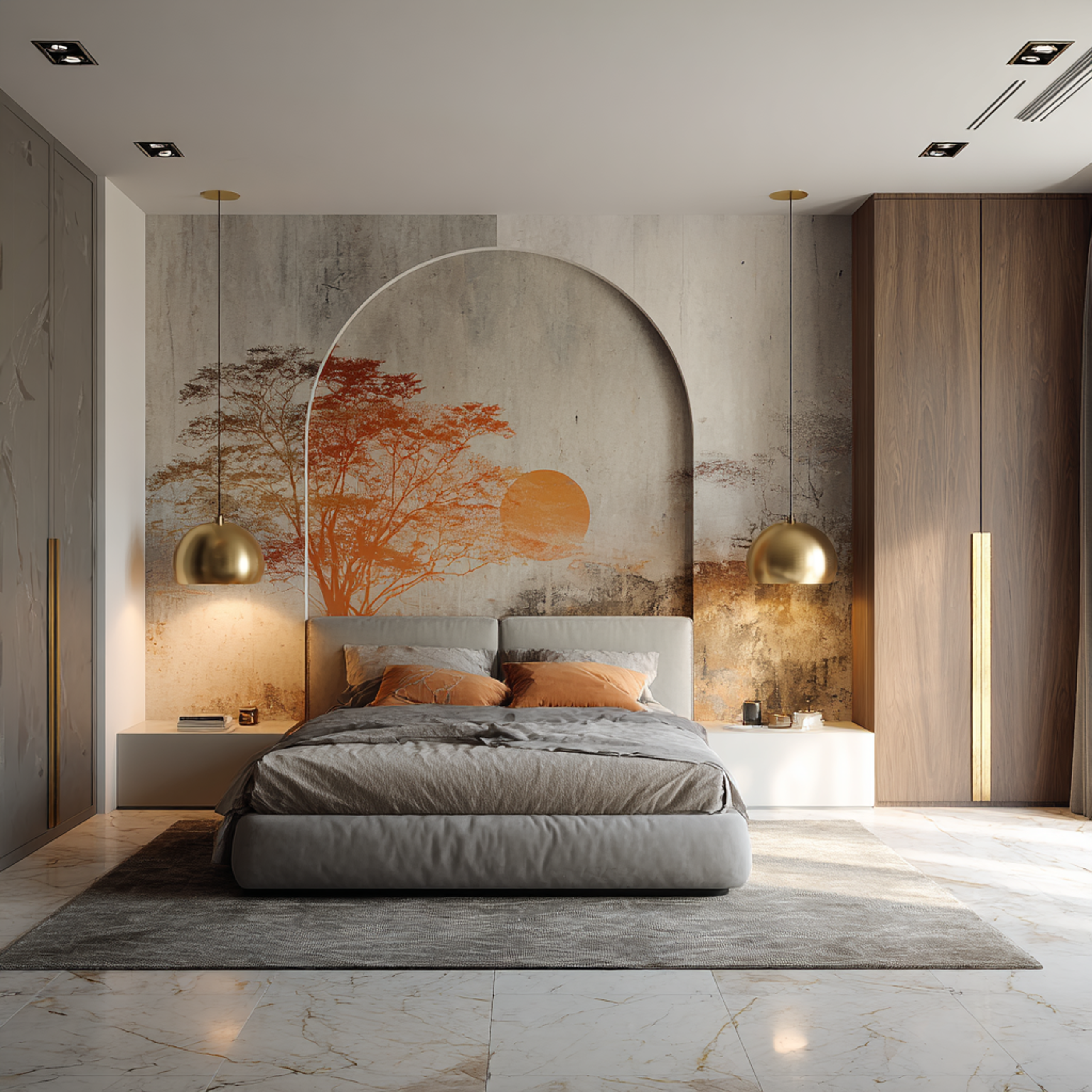 Contemporary Master Bedroom Design with Arched Orange Tree Mural and Large Bed | Livspace