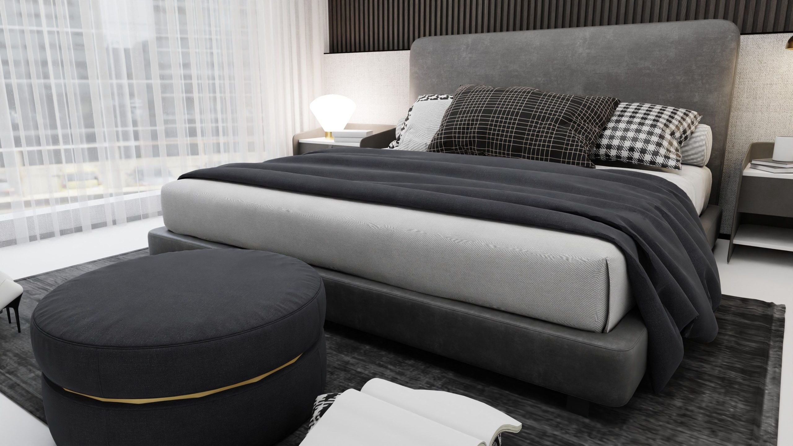 Cozy Scandinavian-inspired bedroom with grey tones and soft lighting.