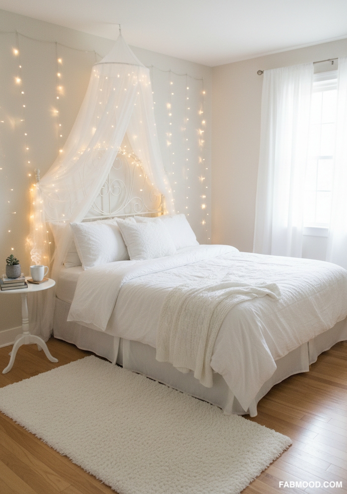 Cozy White Bedroom with Fairy Lights and Soft Canopy Styling