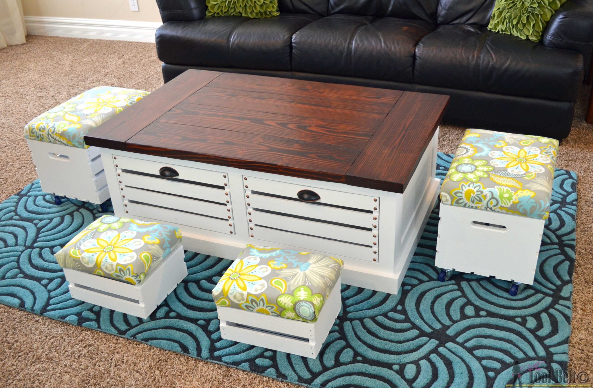 Crate Storage Coffee Table with stools - Her Tool Belt