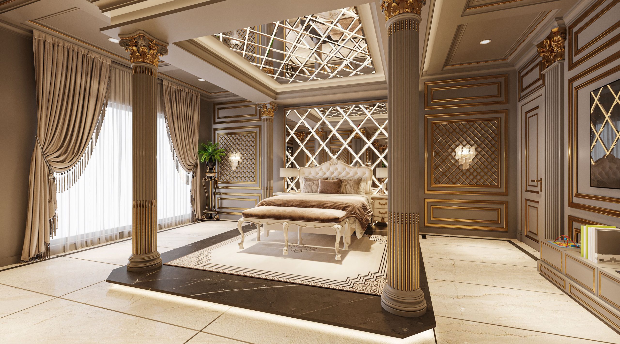 Elegant bedroom featuring classic furnishings, gold accents, and dramatic lighting.