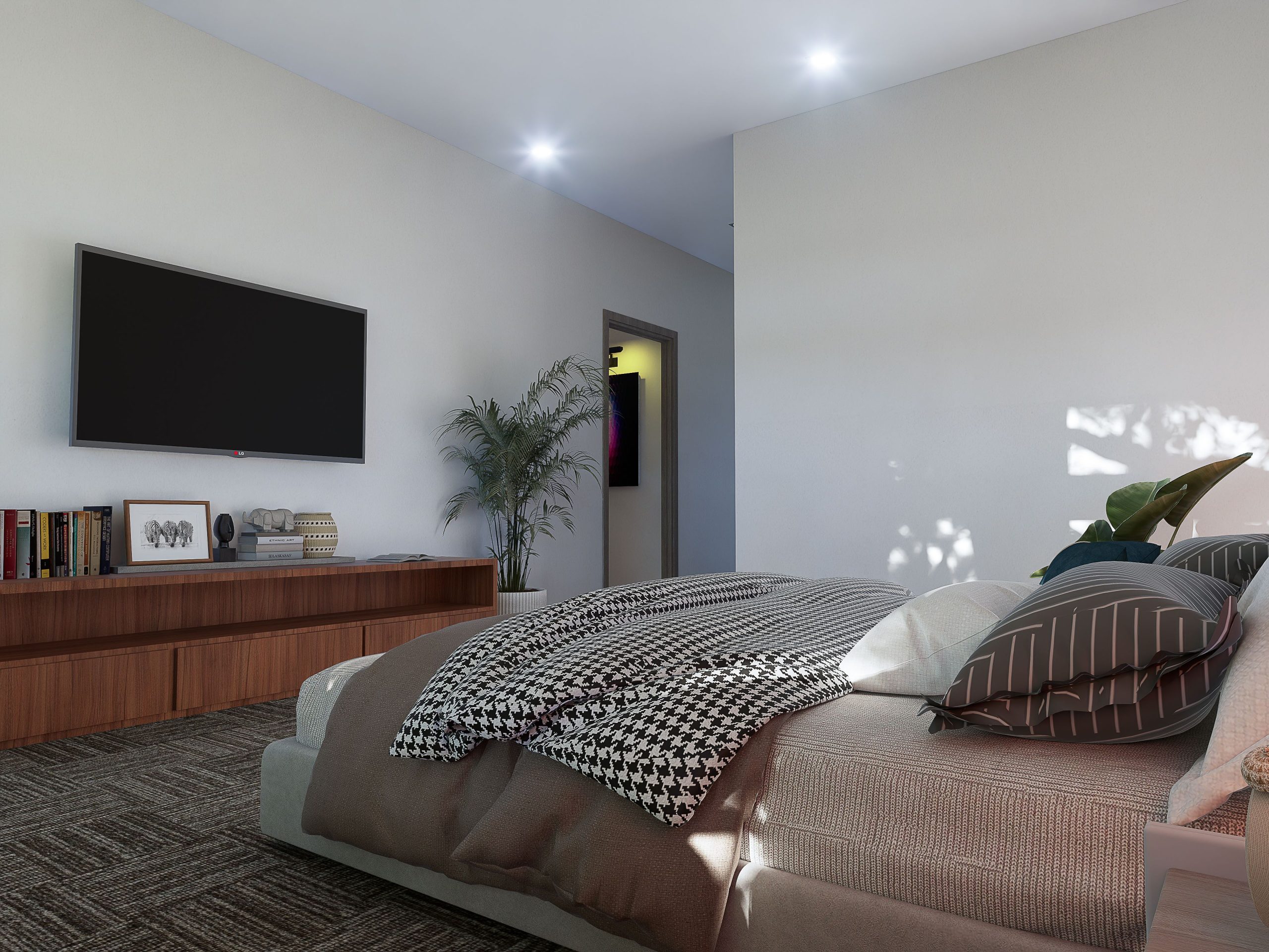 Elegant bedroom interior with a minimalist style featuring a modern TV setup.