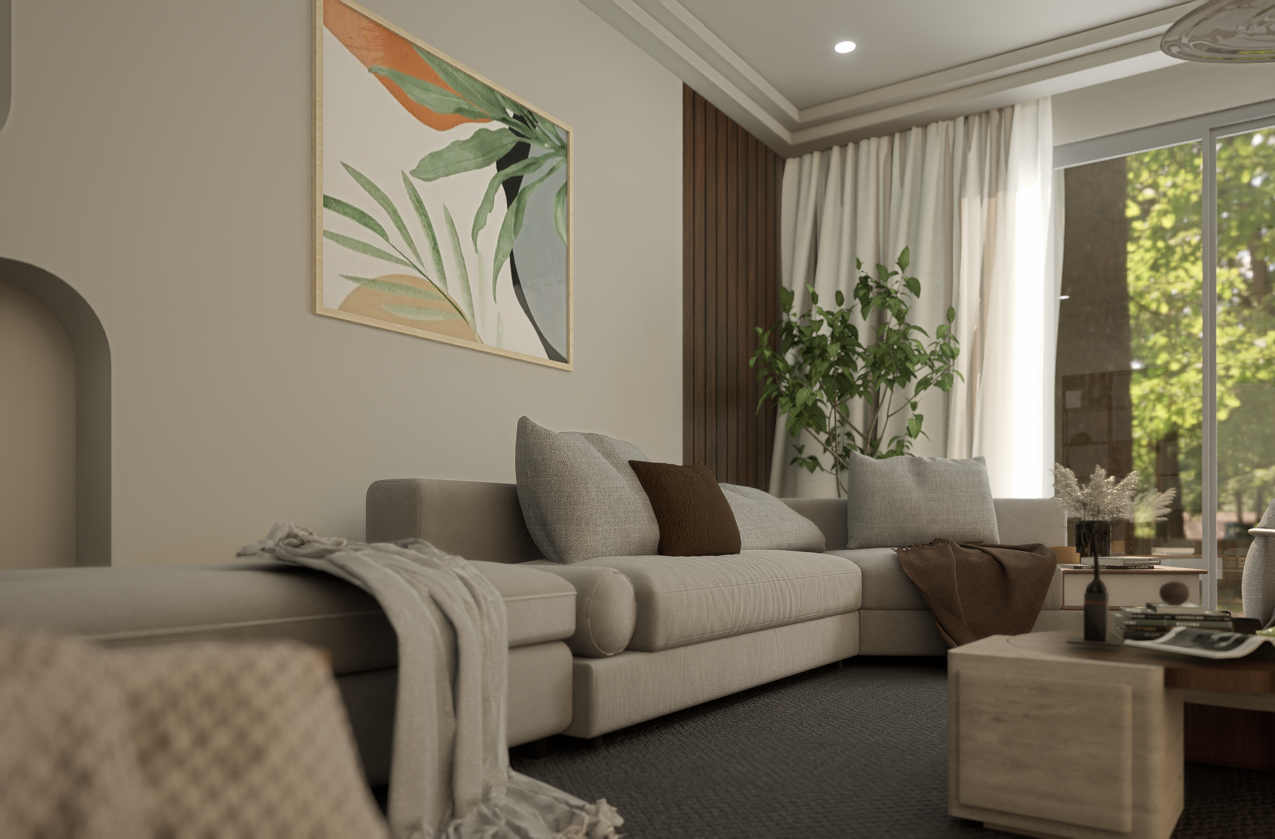 Elegant minimalist living room with beige sofa, plants, and modern decor.