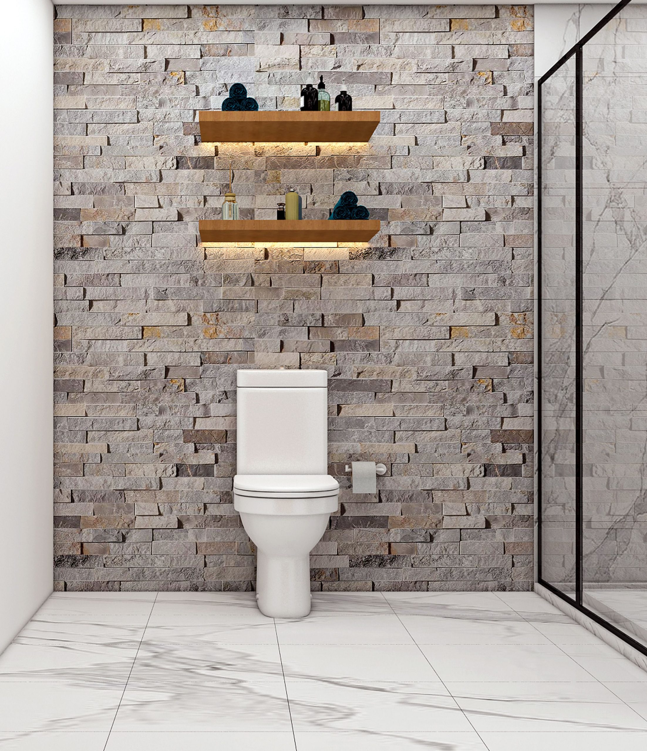 Elegant modern bathroom featuring a stone accent wall and sleek fixtures.