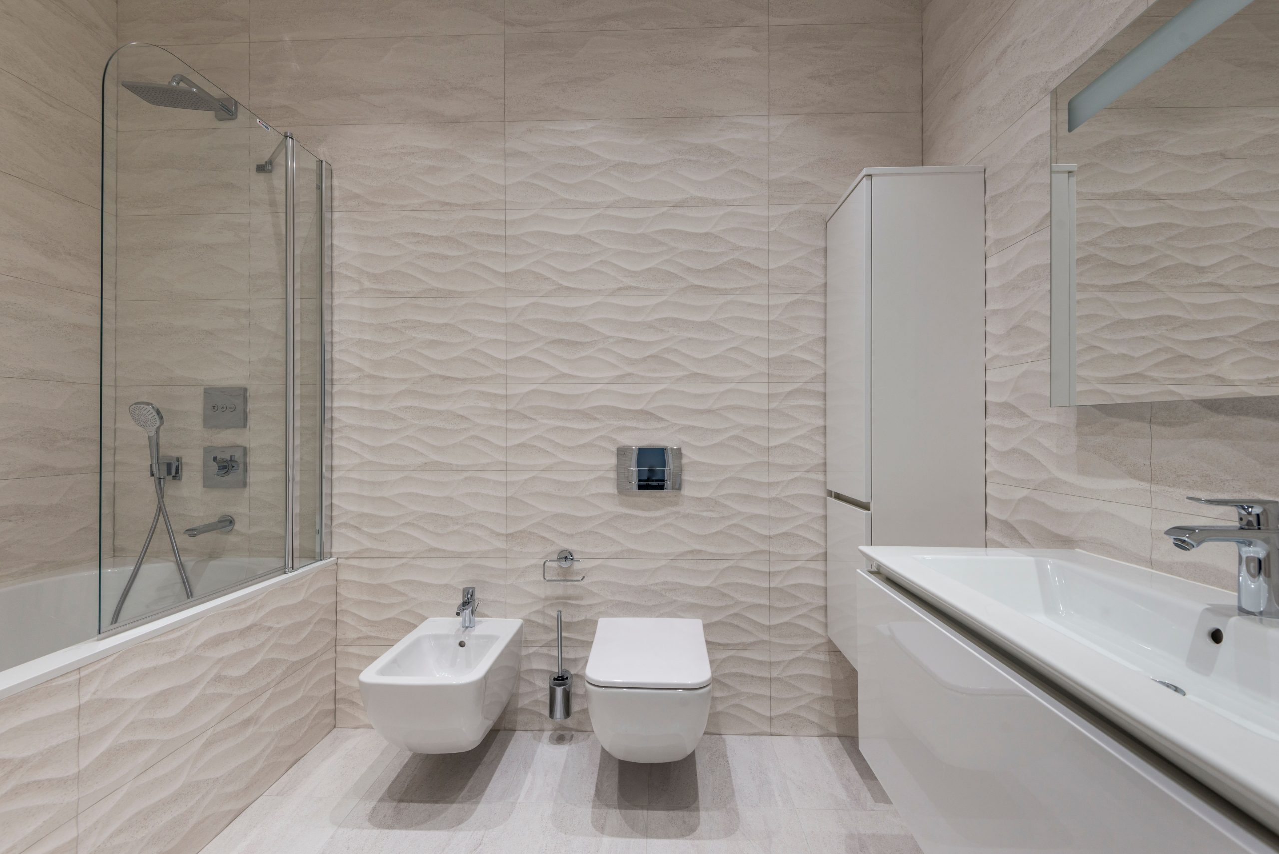 Elegant modern bathroom with minimalist design and stylish fixtures.