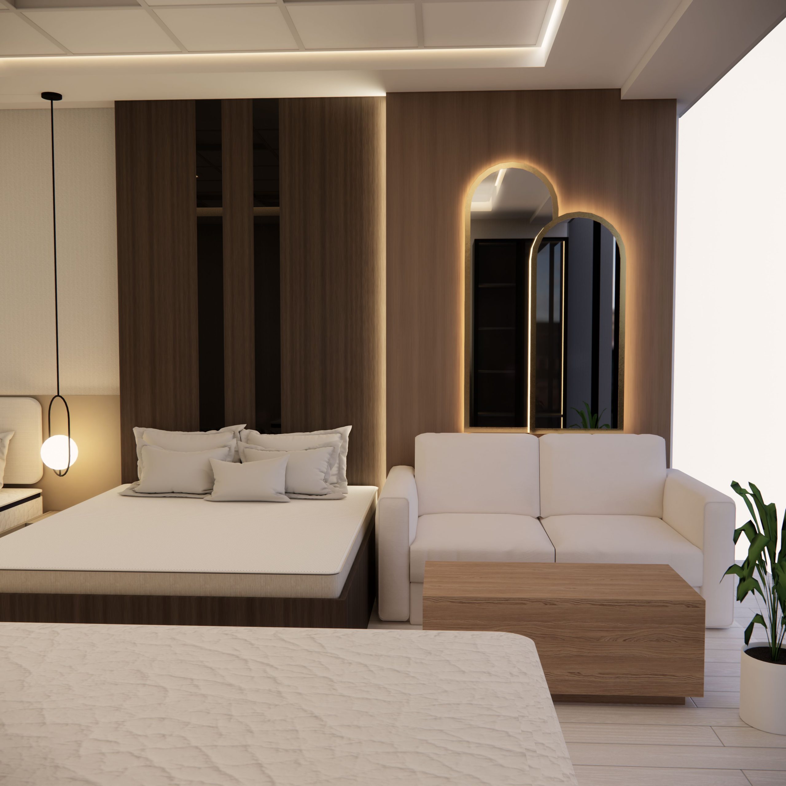 Elegant modern bedroom with minimalist design and stylish lighting in Dubai.
