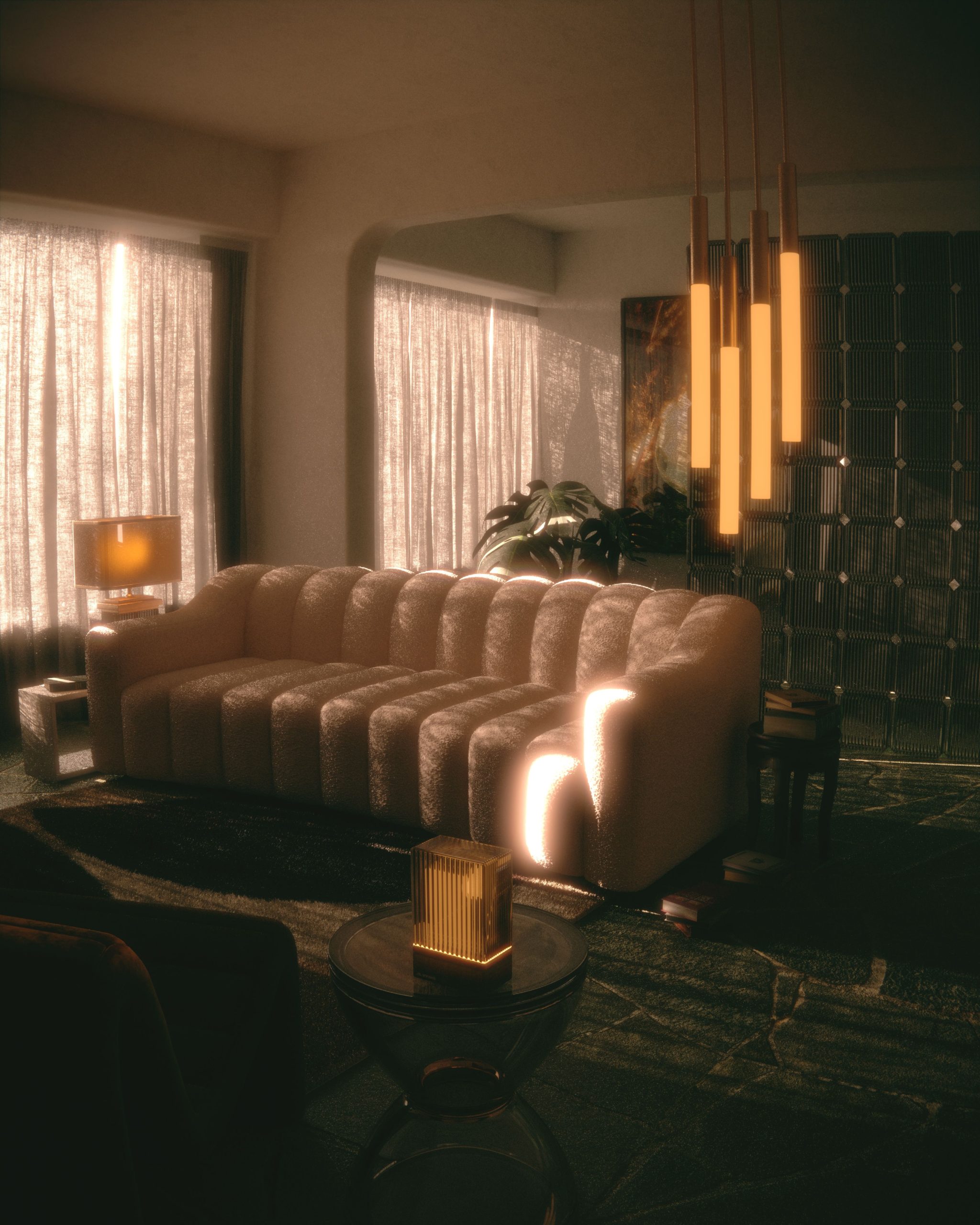 Elegant modern living room with a cozy sofa and artistic lighting, creating a warm atmosphere.