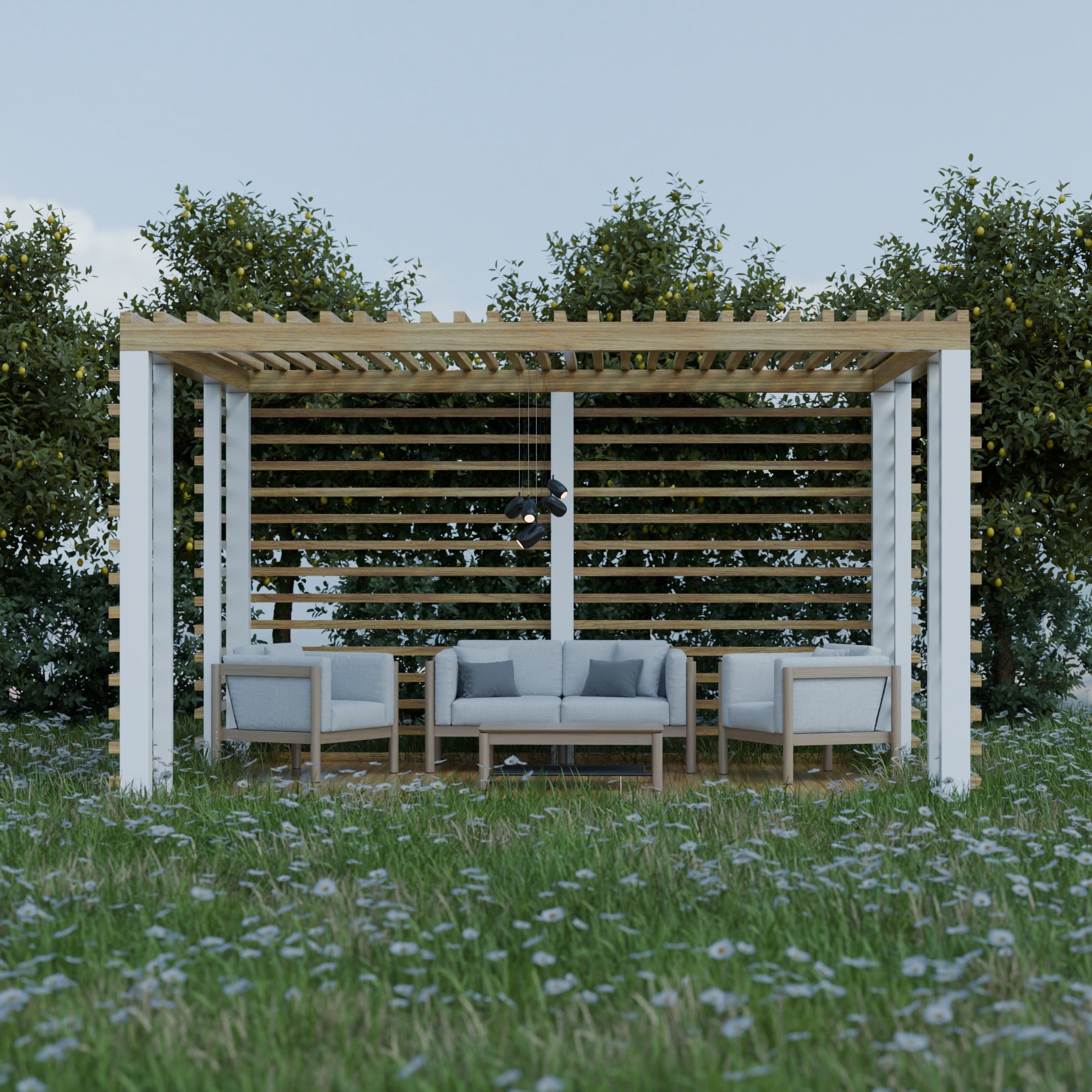 Elegant outdoor pergola with seating, set in a lush garden. Perfect for relaxation and gatherings.