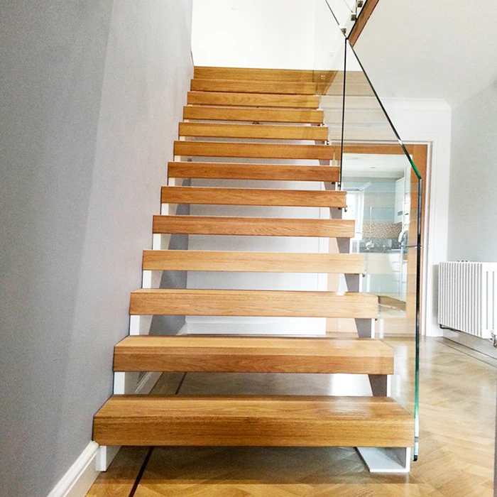 floating wooden steps and glass railing system, interior wood and glass staircase, building floating wood stair steps