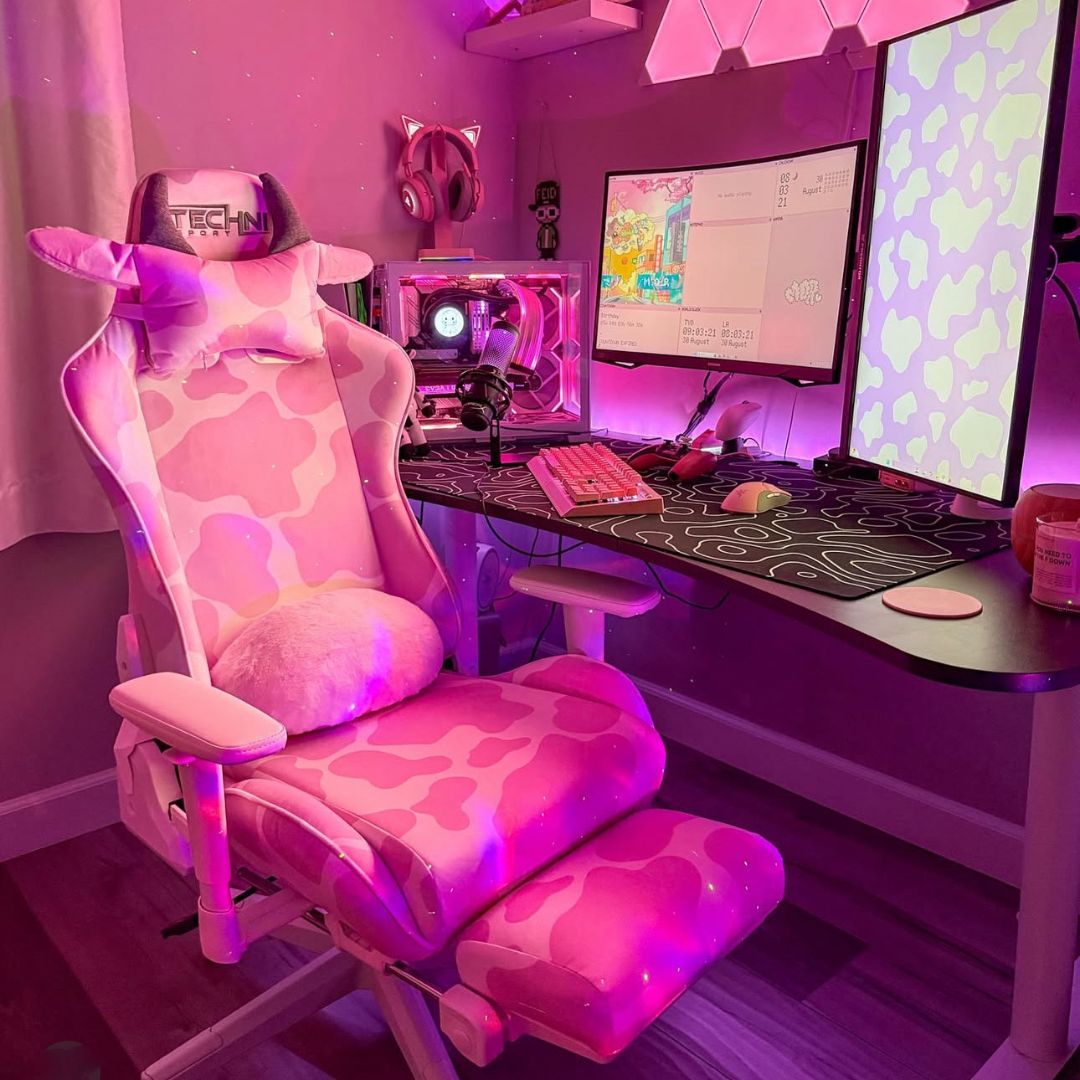 Gaming Setup Neon Pink Gaming Chair Techni Sport Pink Cow Series Gaming Chair With Footrest