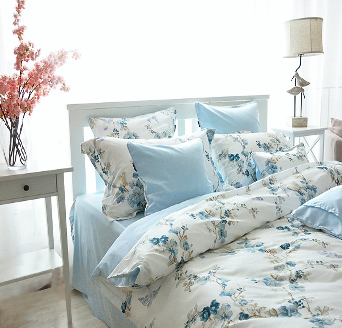 Garden Chinoiserie Floral Duvet Cover Asian Porcelain Style Tree Blossom and Birds Blue and White Watercolor Pattern - Blue