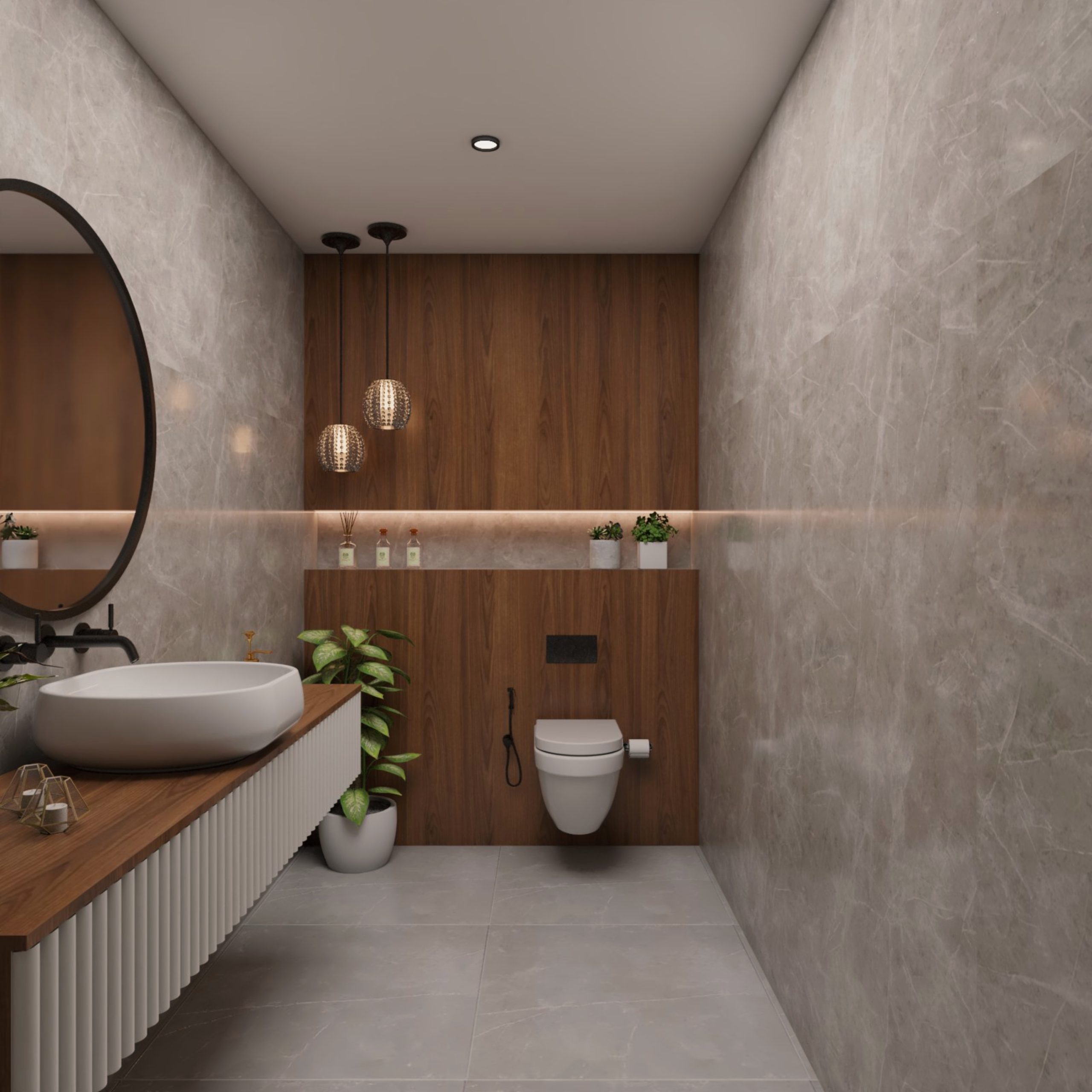Grey And Brown Small Bathroom Design With Wooden Panel | Livspace
