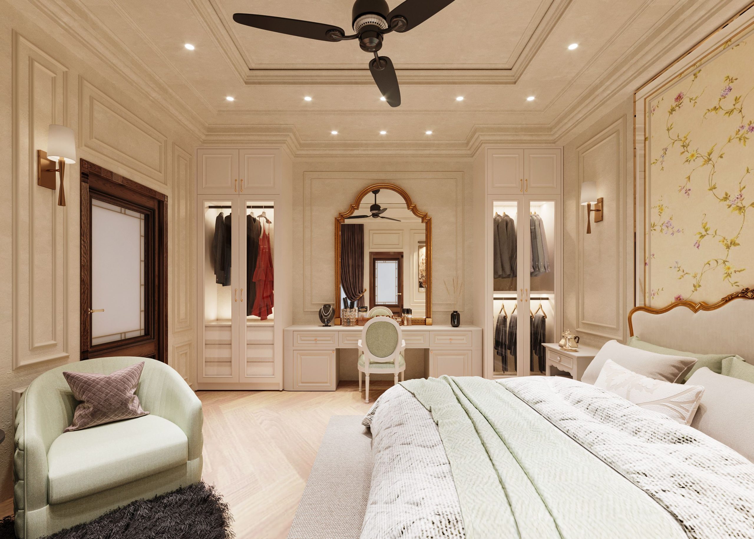 Luxurious bedroom with elegant decor, featuring a king-sized bed, modern furnishings, and soft lighting.