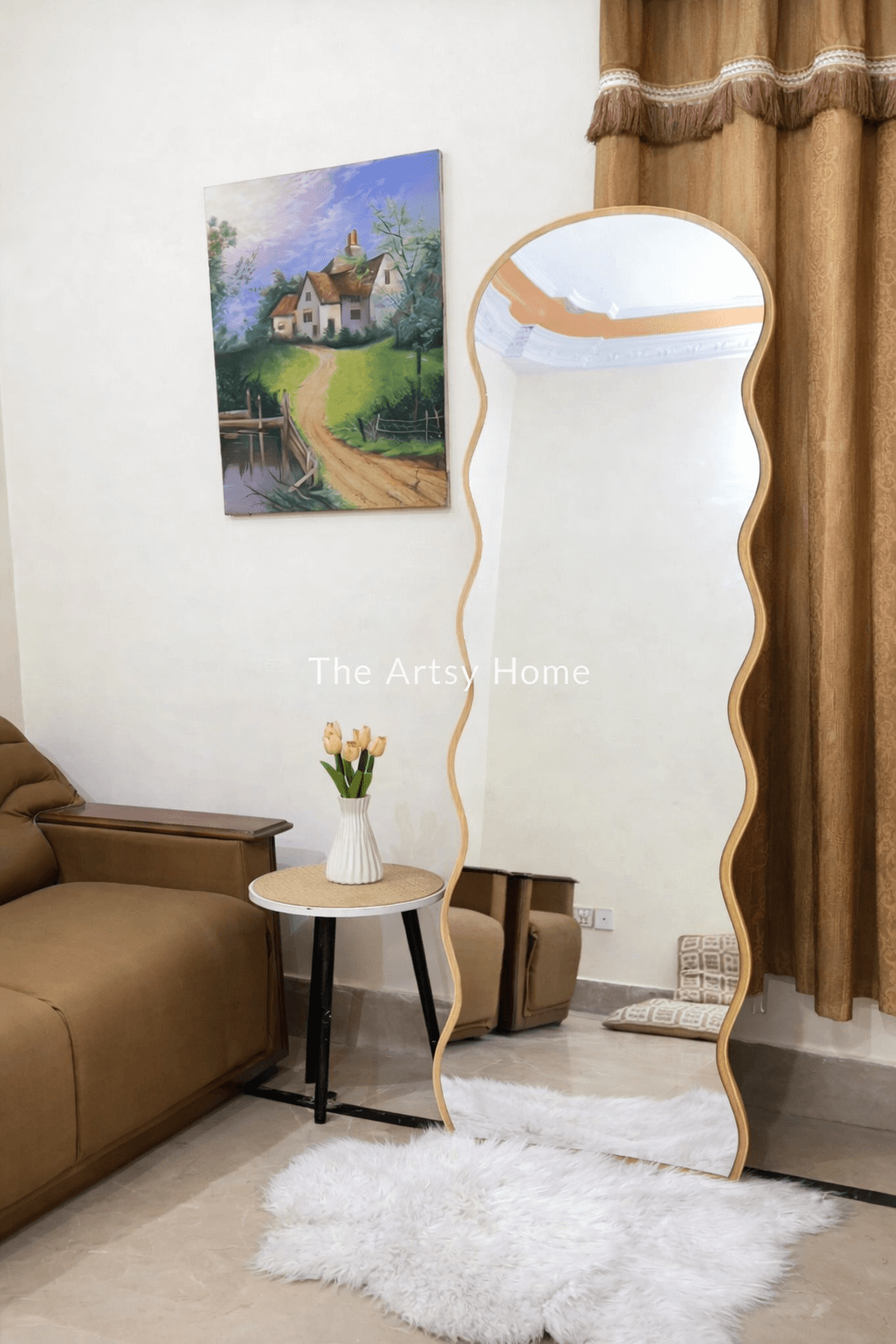 Luxury Wavy Floor Mirror 6×2 ft – Wooden Stand | Premium Finish – The Artsy Home