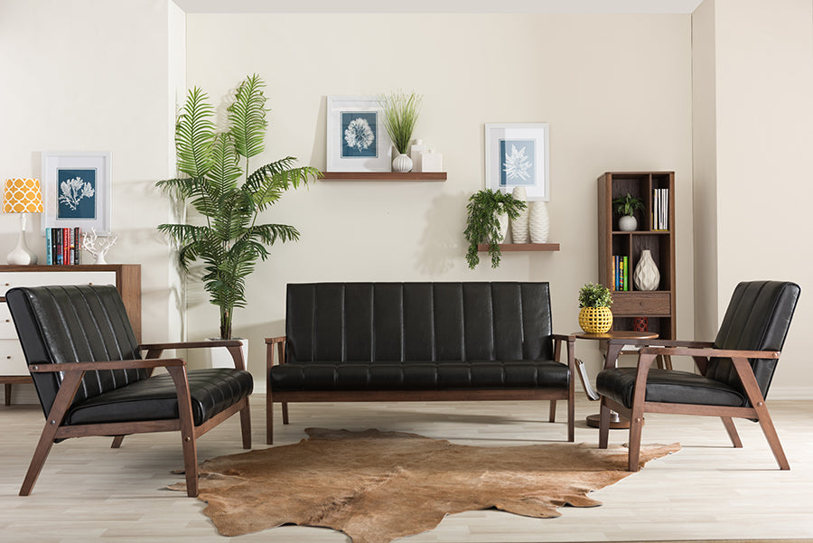 Mid-Century Modern Sofa, Loveseat & Accent Chair in Black Faux Leather