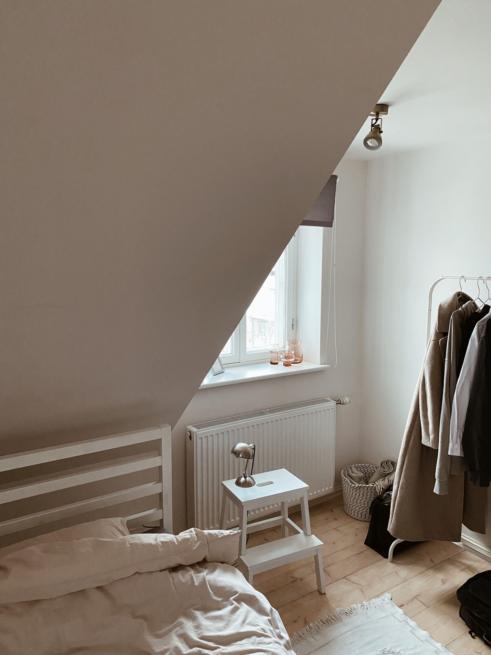 Minimalist bedroom featuring clothing rack, neutral tones, and natural light through a skylight.