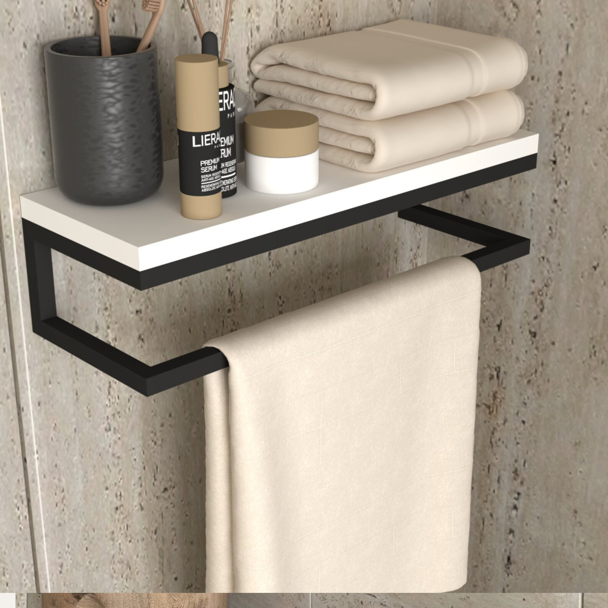 Modern Bathroom Towel Rack Shelf | Wooden & Metal Wall Shelf | Adaptivo Furniture