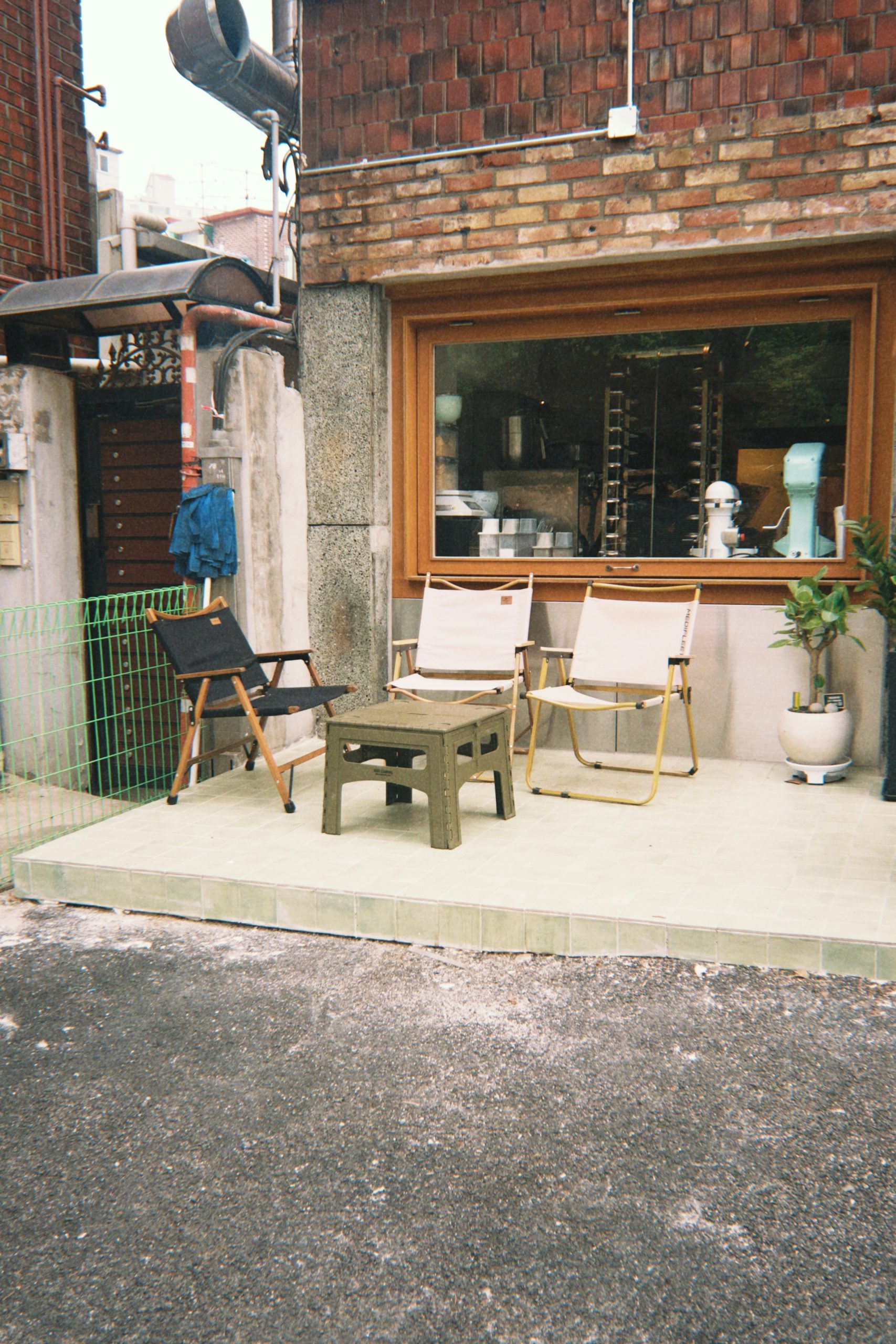 Outdoor seating area with chairs and table