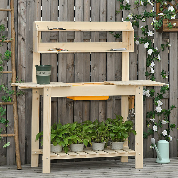 Outsunny Garden Potting Bench Workstation Table w/ Sliding Tabletop & Dry Sink