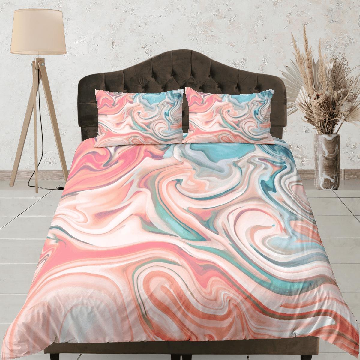 Peach pink contemporary bedroom set aesthetic duvet cover, marble abstract art room decor boho chic bedding