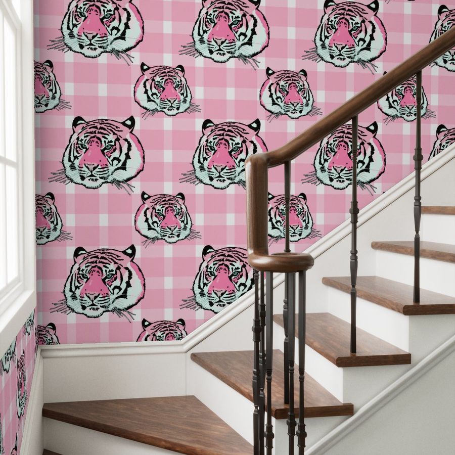 Preppy pink tiger gingham plaid large scale Wallpaper | Spoonflower