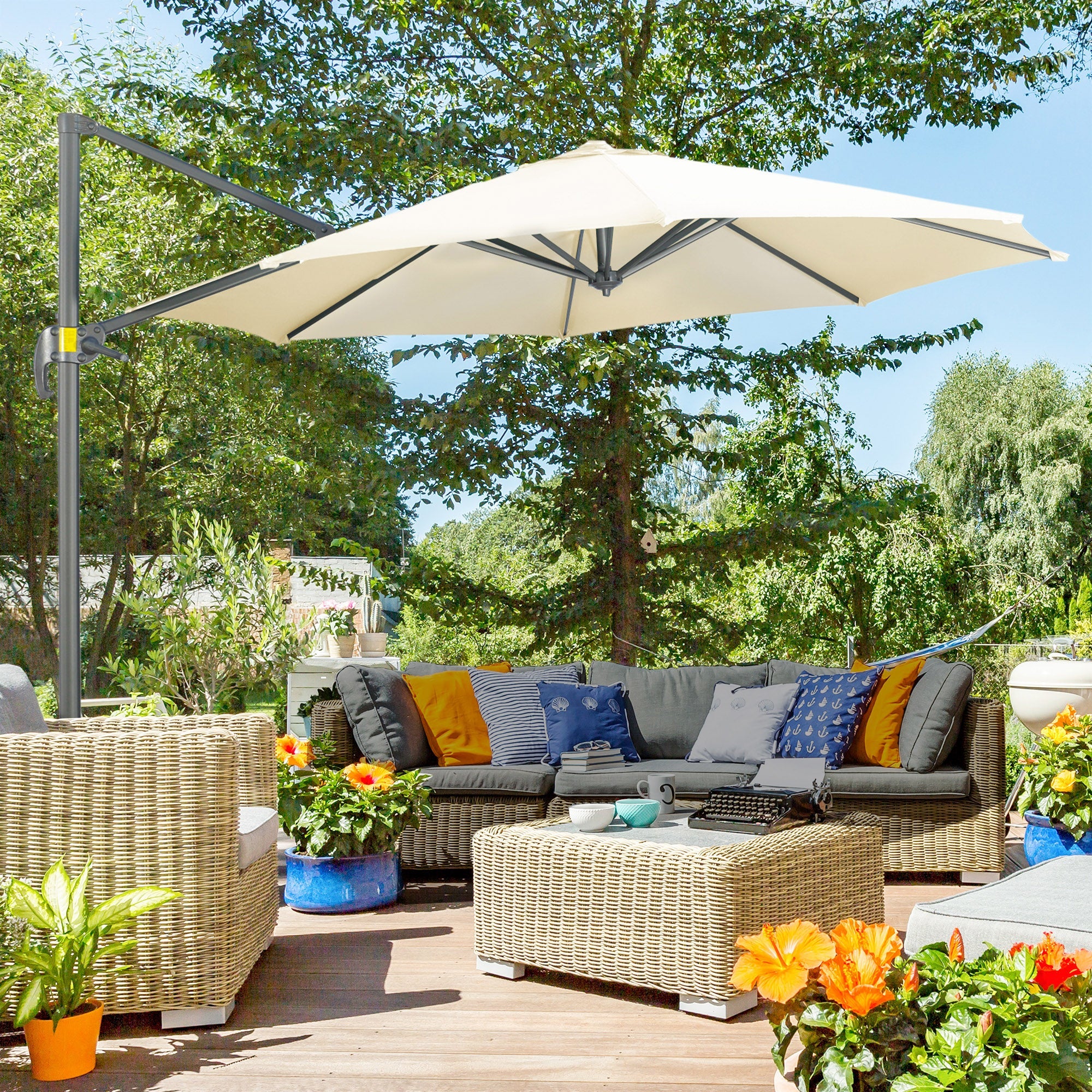 Rootz Outdoor Parasol - Patio Umbrella - Tiltable Parasol - Large Shading - Ø 2.94m x 2.48m - Brown Steel