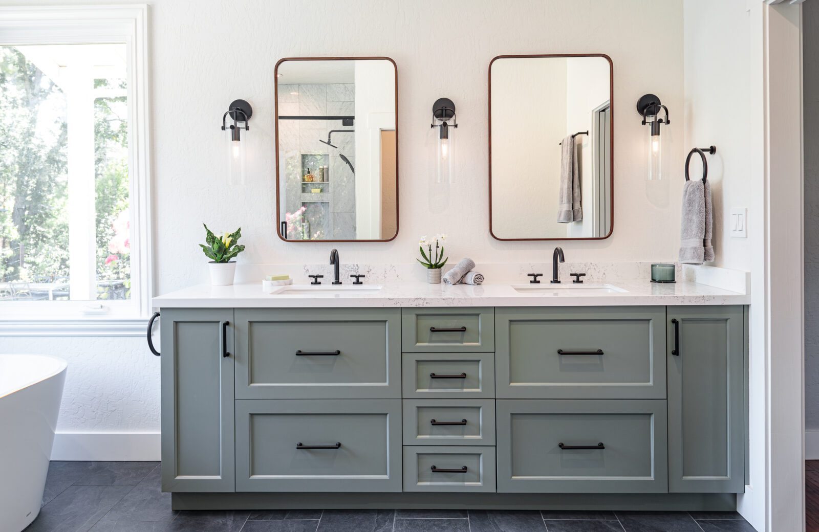 Serene Sage, Black, White Primary Bathroom Remodel - MSK Design Build