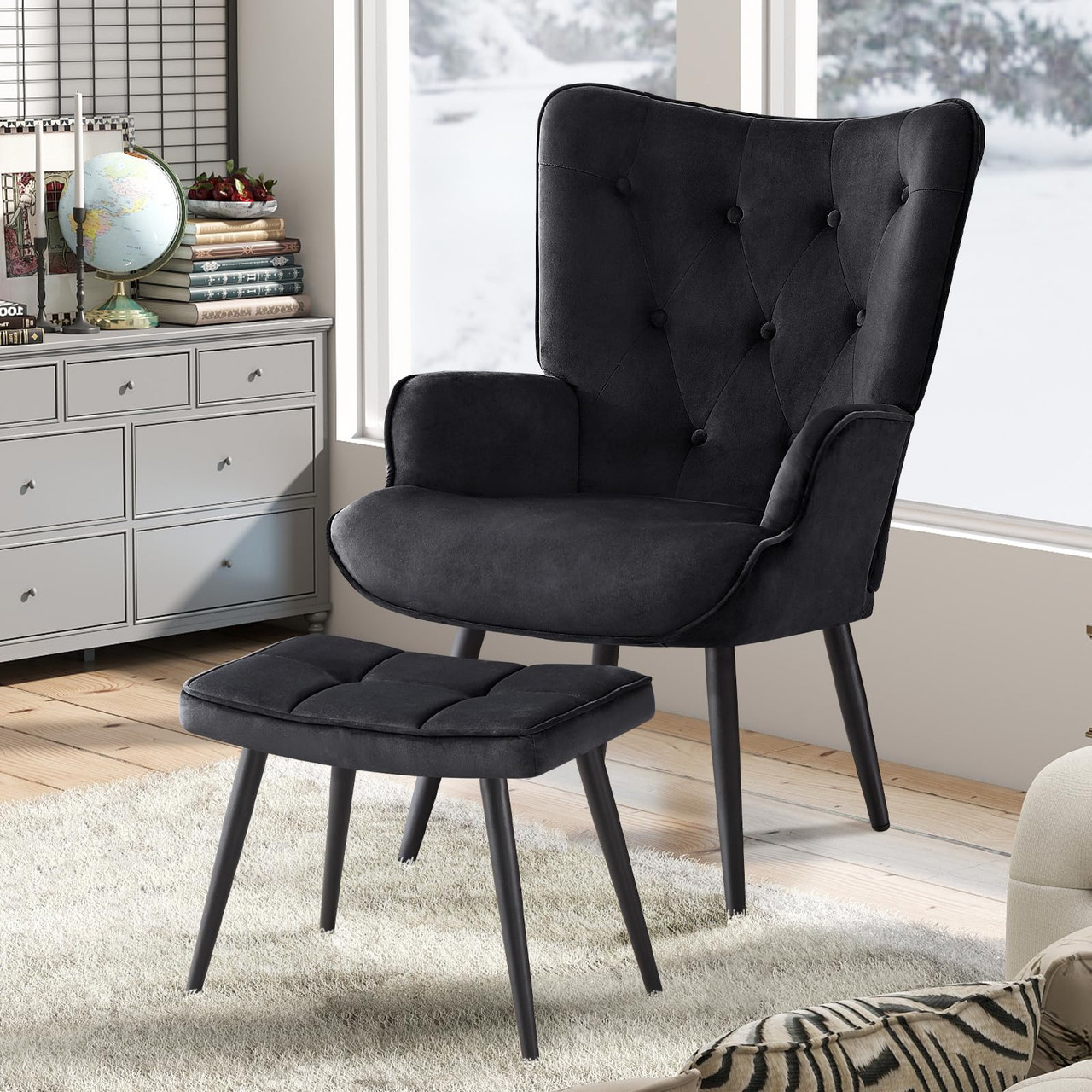 Set of 2, Modern Accent Chair with Ottoman, Upholstered Reading Chair with Ottoman Set, Wingback Chairs