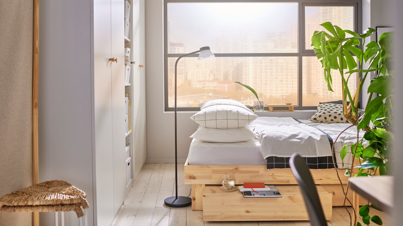 Smart, space saving bedroom ideas in natural wood - IKEA