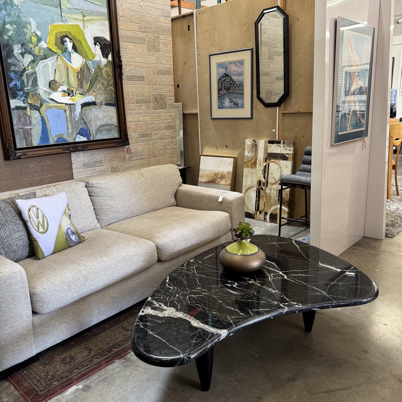 Solid Black Marble Asymmetrical Freeform Coffee Table