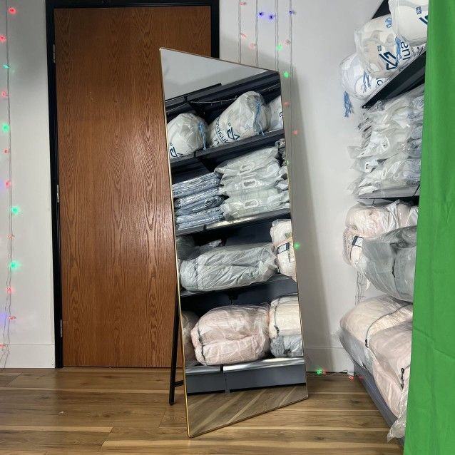 Squared Full Length Mirror, L67in. W27.5in. Floor Mirror with Stand, Large Standing Mirror wooden back, Bedroom Living Room, Aluminum Frame,Champagne