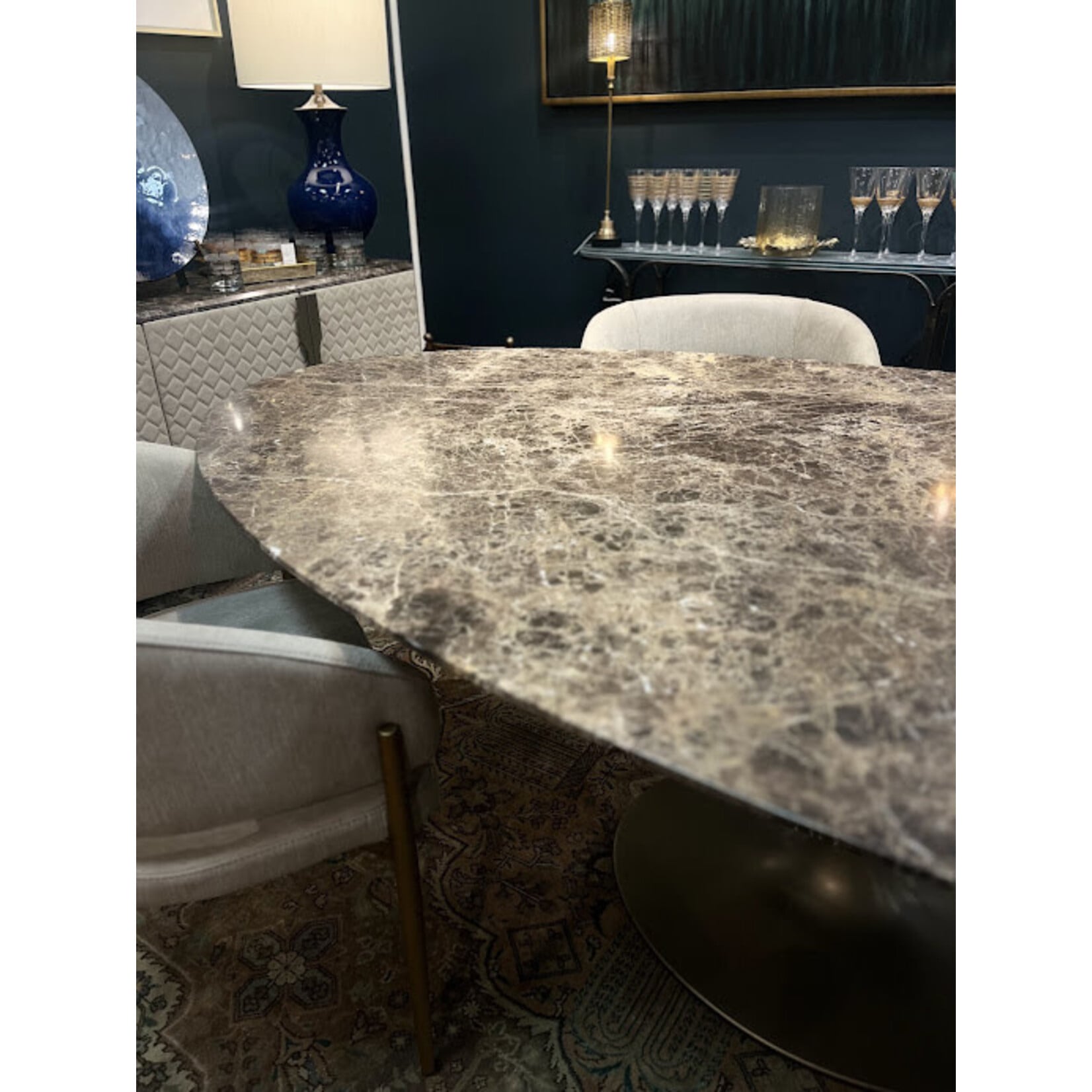 Stone Int Flute Oval Dining Table Imperador Marble Top Champagne Base - Designer's Studio