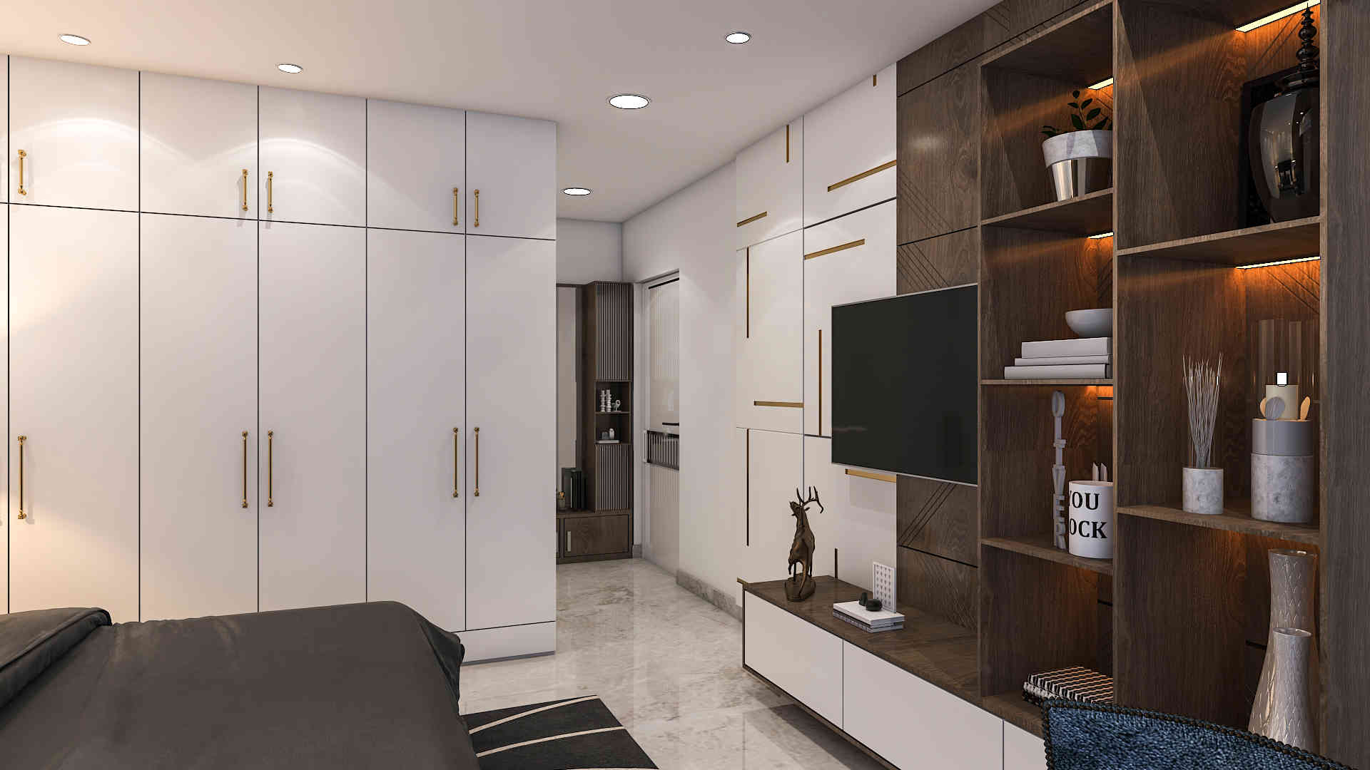 Stylish Wardrobe & TV Unit with Wooden Accents by Haven Interior Studio | KreateCube