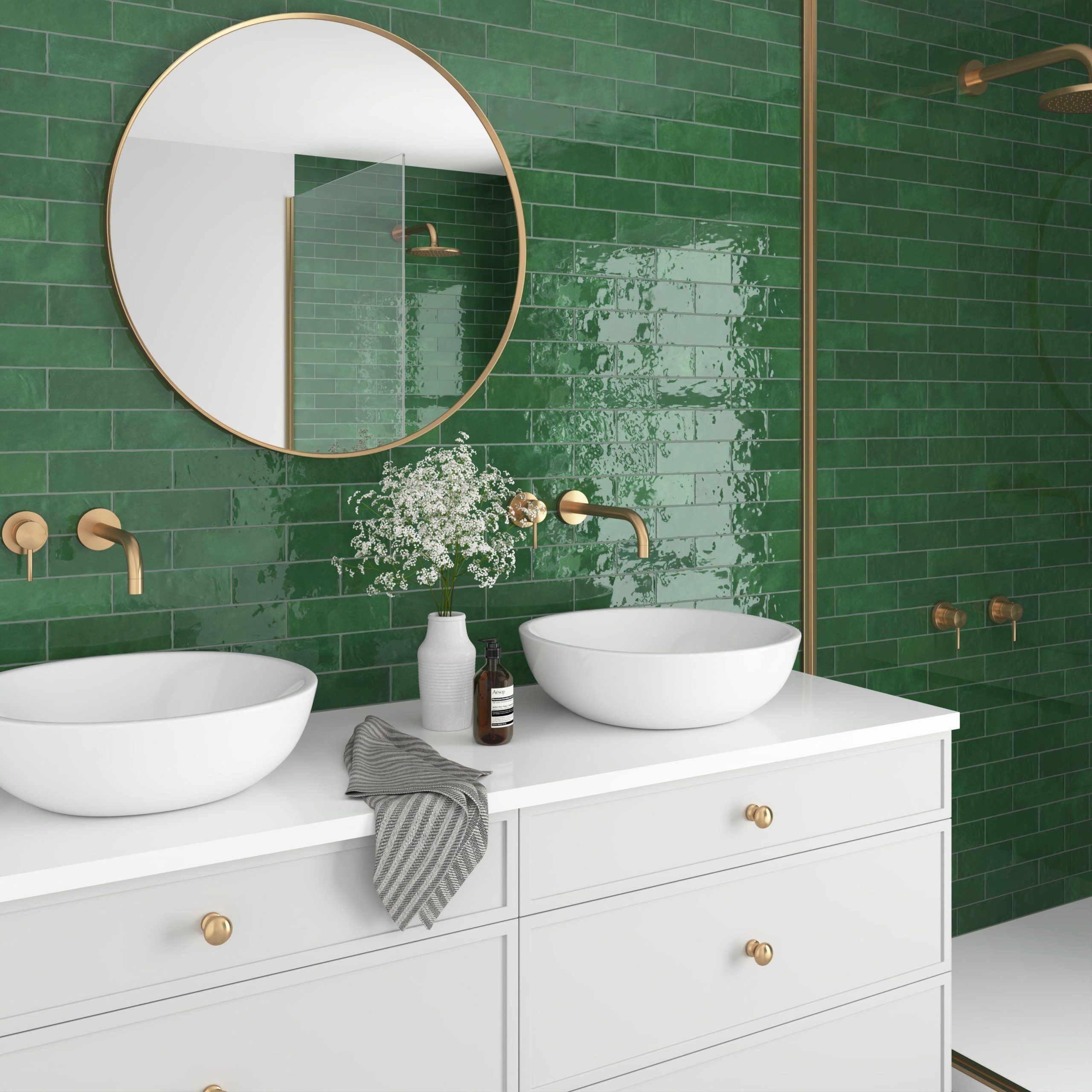 Villa | Zellige Forest Ceramic Tile, 2 1/2 x 8, Green, 8 mm Thick - Floor & Decor