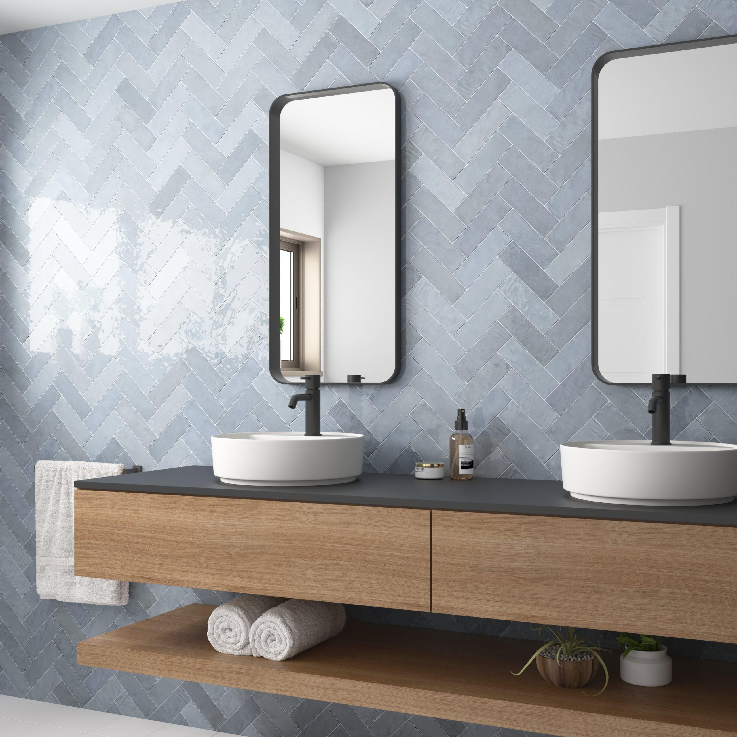 Villa | Zellige Glacier Ceramic Tile, 2 1/2 x 8, Blue, 8 mm Thick - Floor & Decor