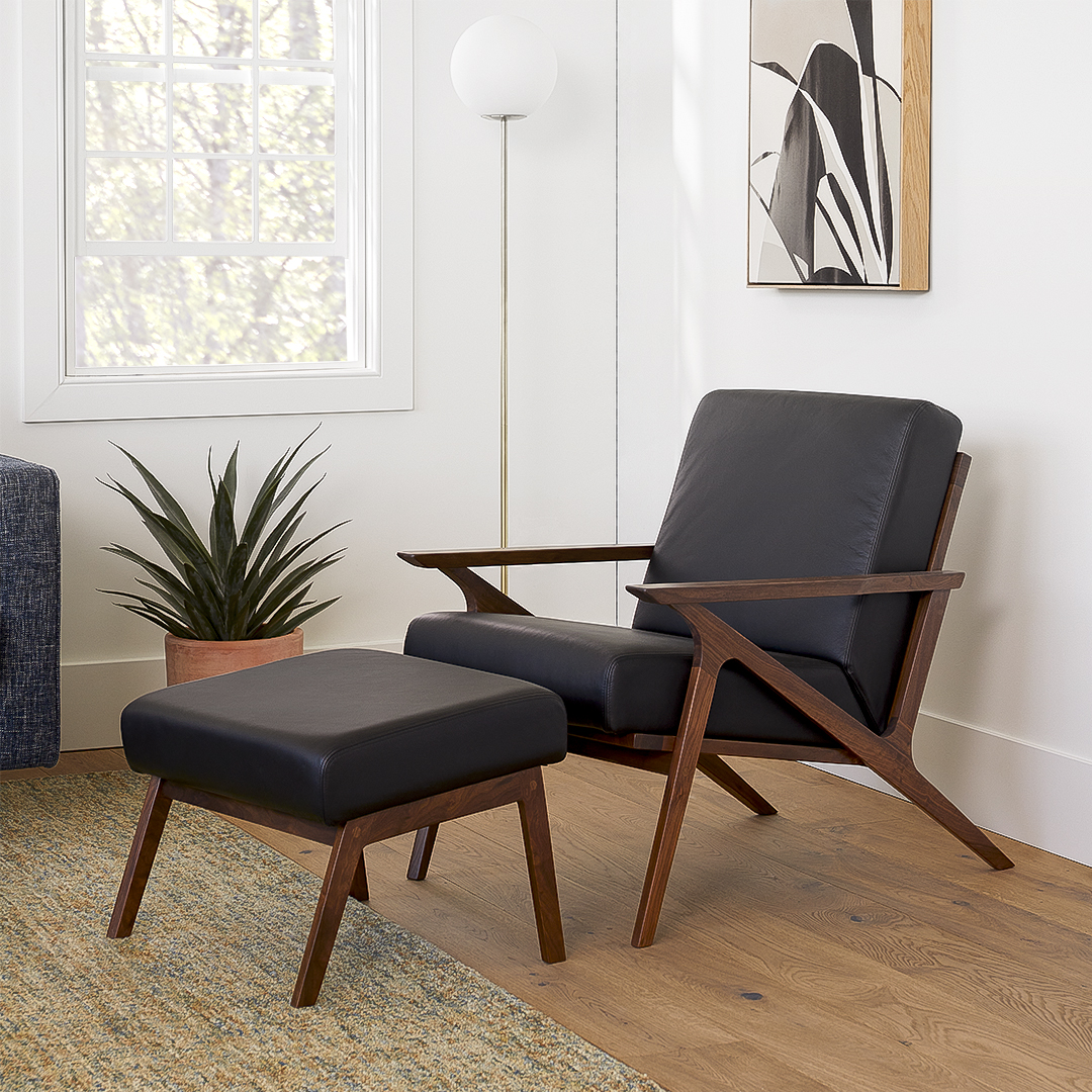 Walnut & Black Leather Lounge Chair w/ Ottoman | Otio | Article