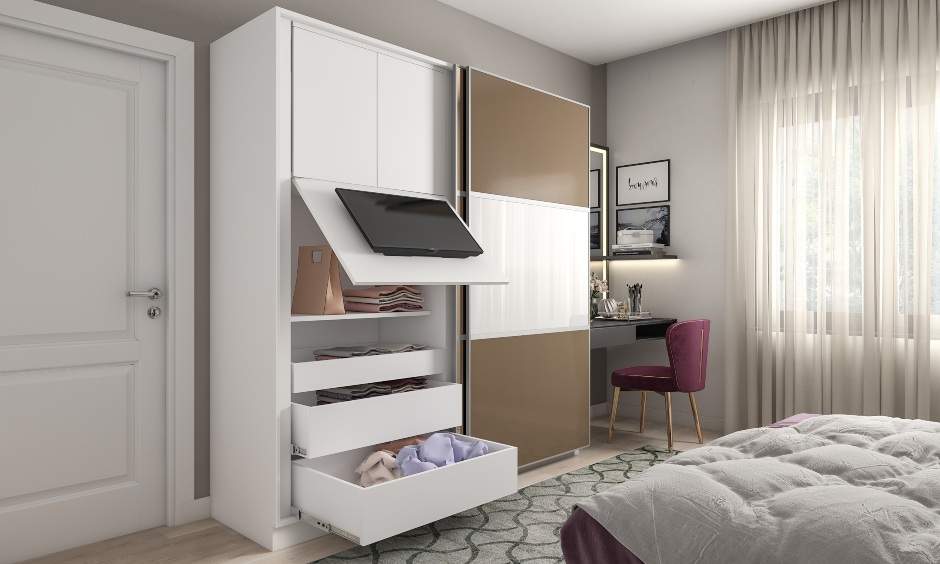 Wardrobe Design With An In-built TV Unit | Design Cafe