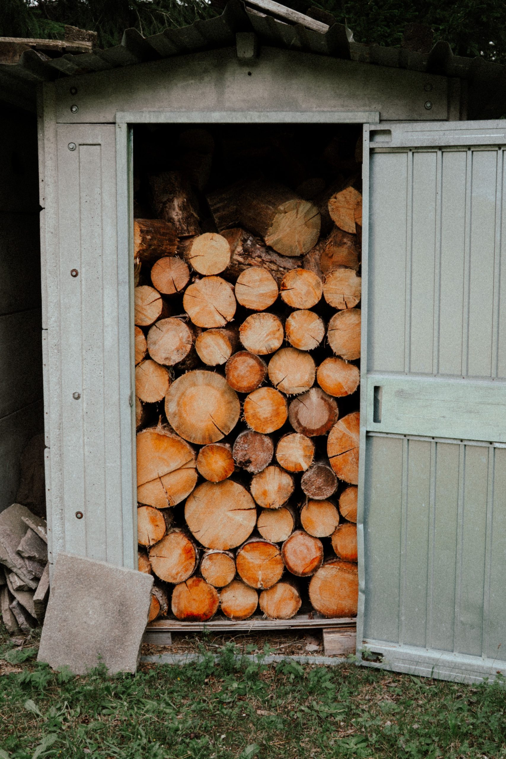 A neat stack of cut logs inside a rustic wooden shed with open doors.