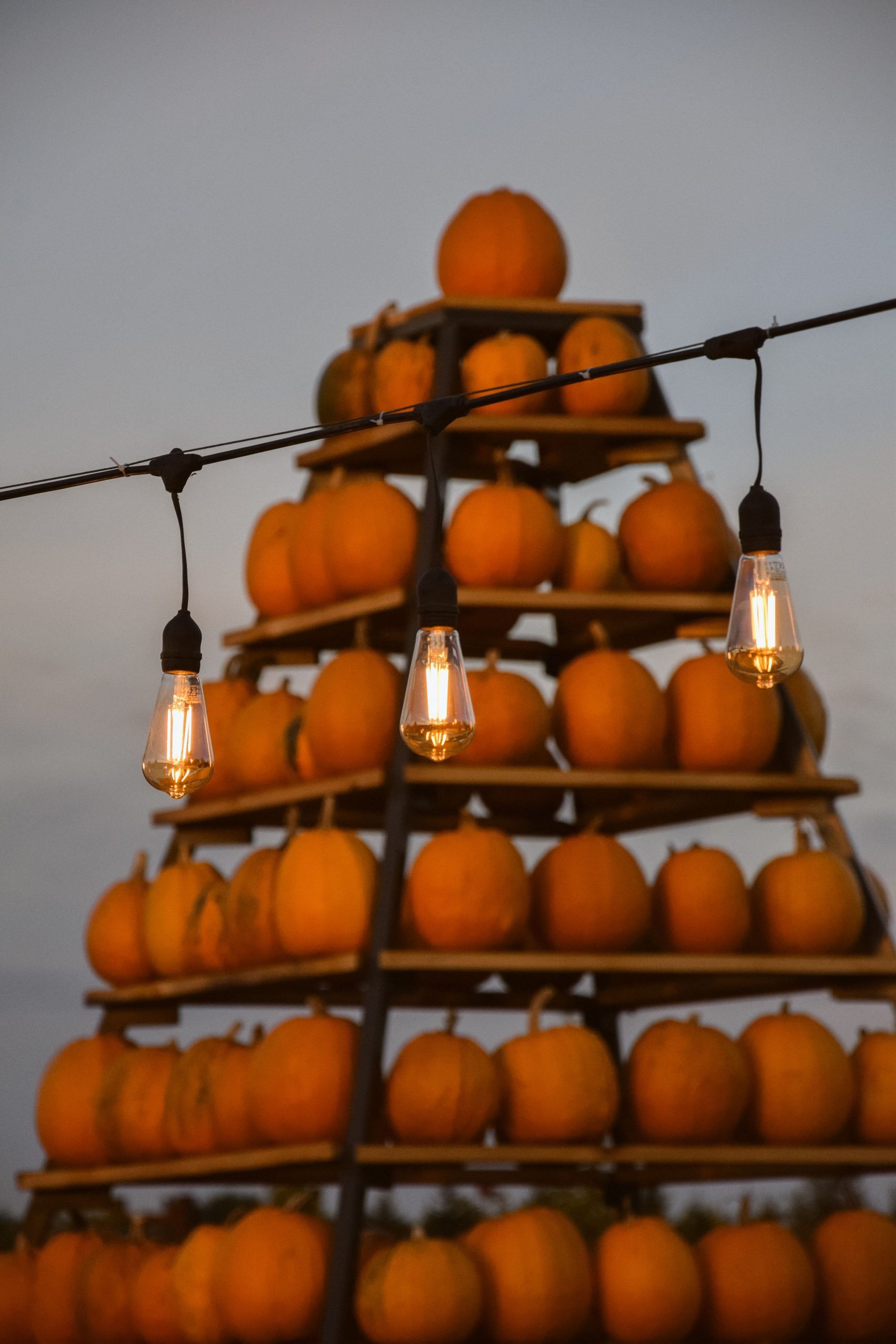 A pyramid of stacked pumpkins with warm string lights at dusk, capturing a cozy autumn evening.
