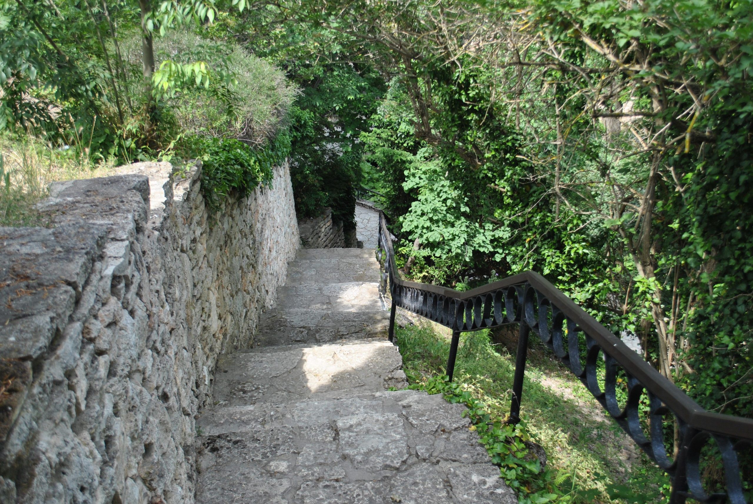 A rustic stone staircase descends through vibrant green trees in a serene outdoor setting.