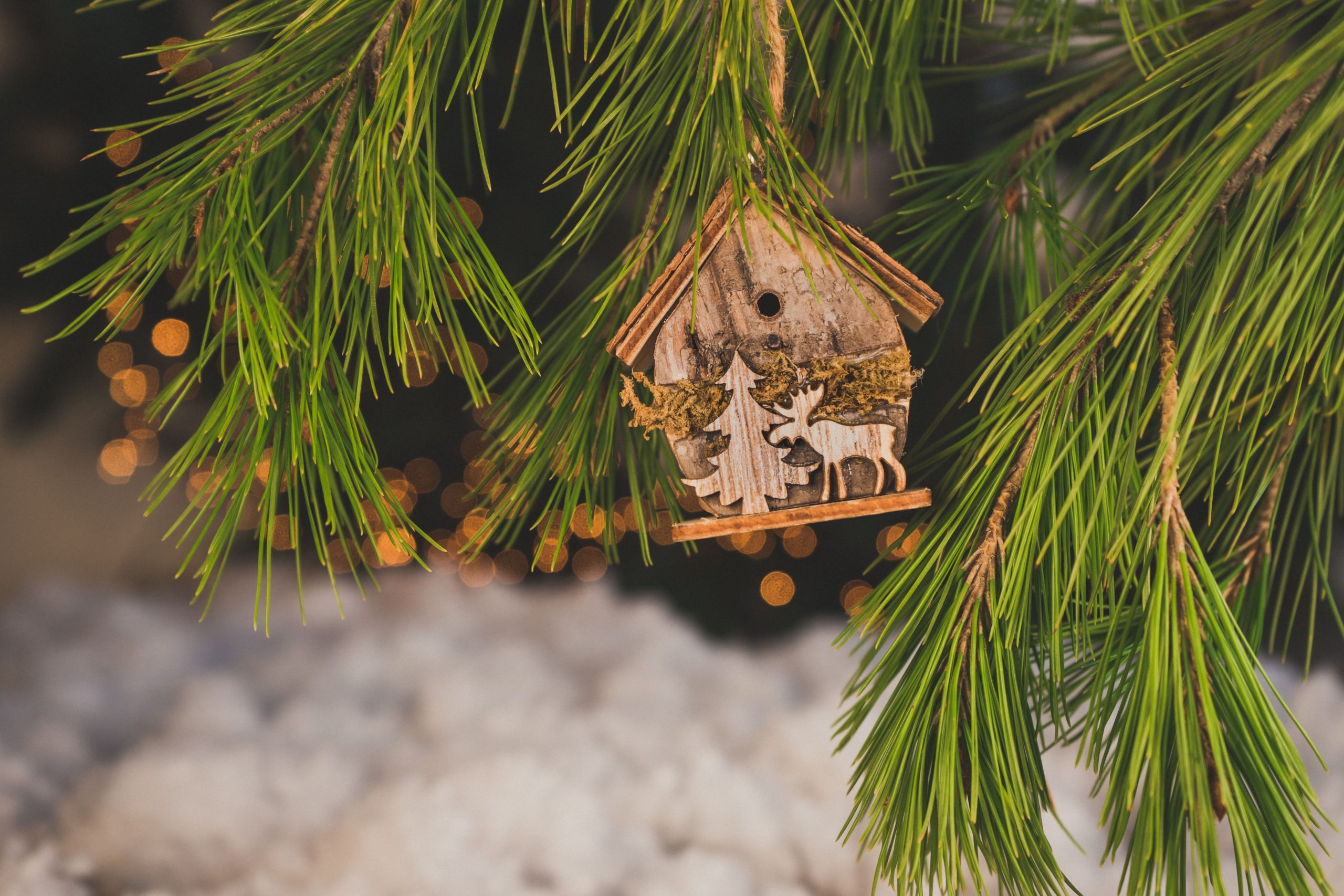 A rustic wooden Christmas ornament hangs on an evergreen branch, surrounded by festive bokeh lights.