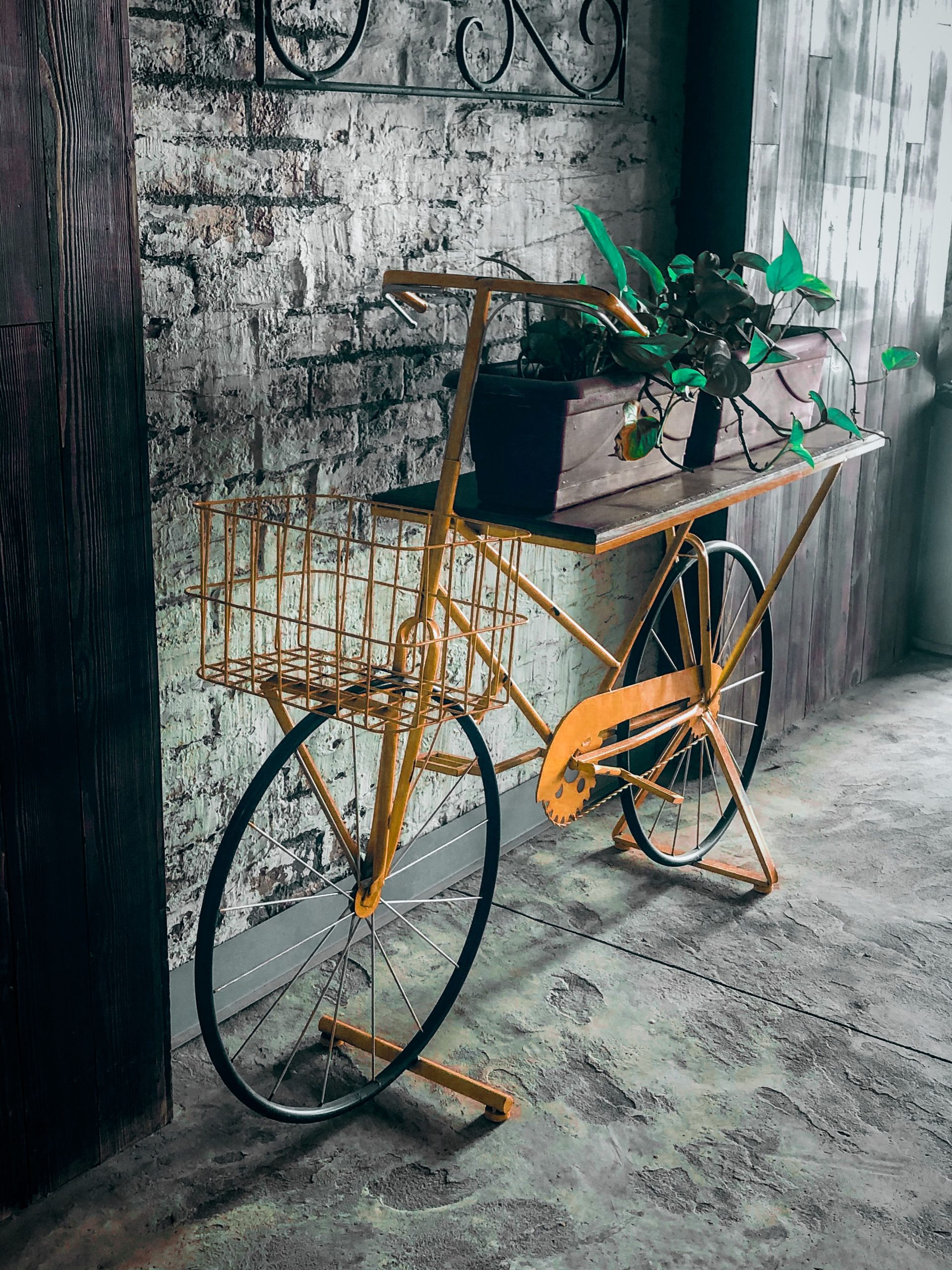 A rusty bicycle used as a unique planter holder adds charm to an urban loft interior.