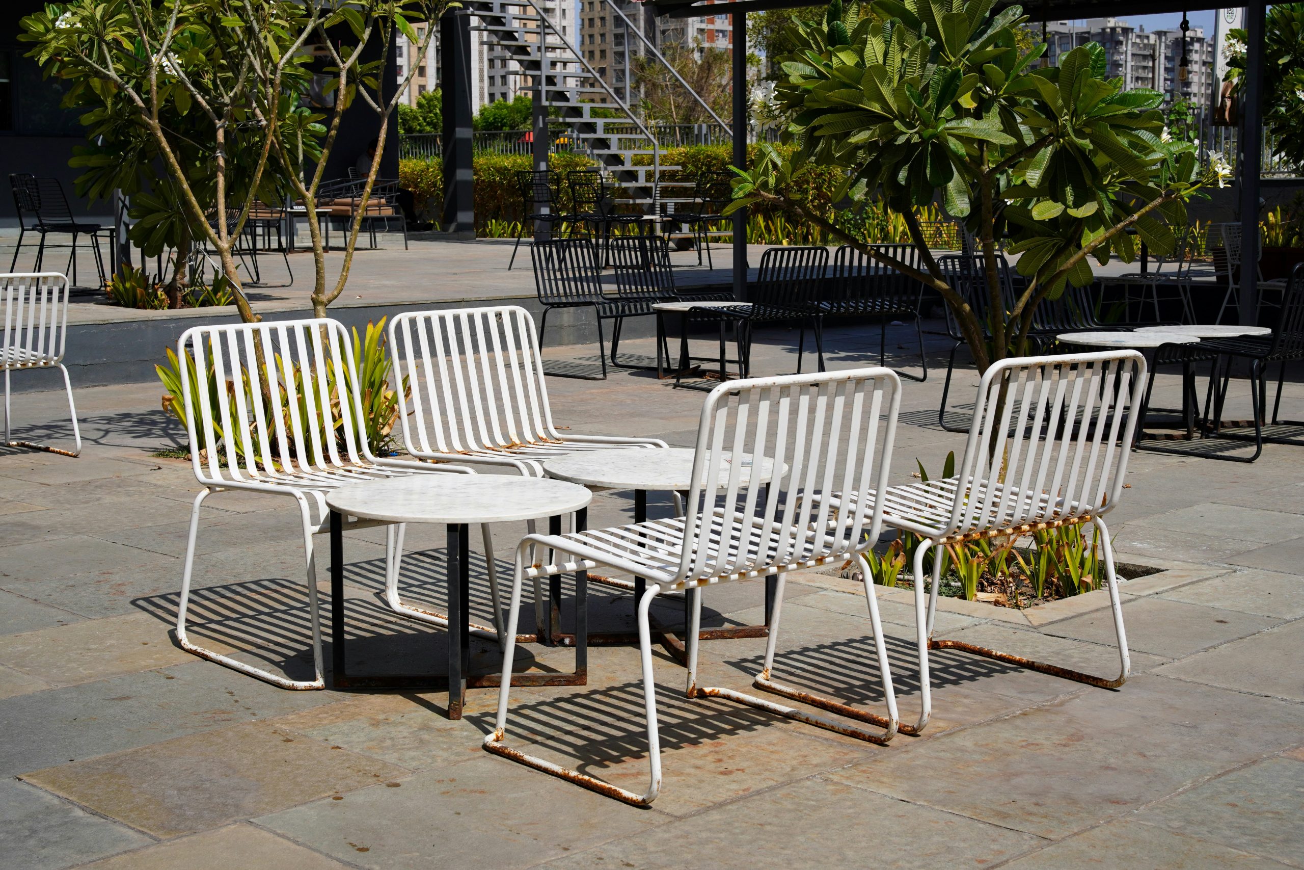 A sunlit outdoor terrace featuring clusters of minimalist white metal patio chairs and round stone tables. Surrounded by young tropical trees and stone tile paving, the open-air seating area offers a